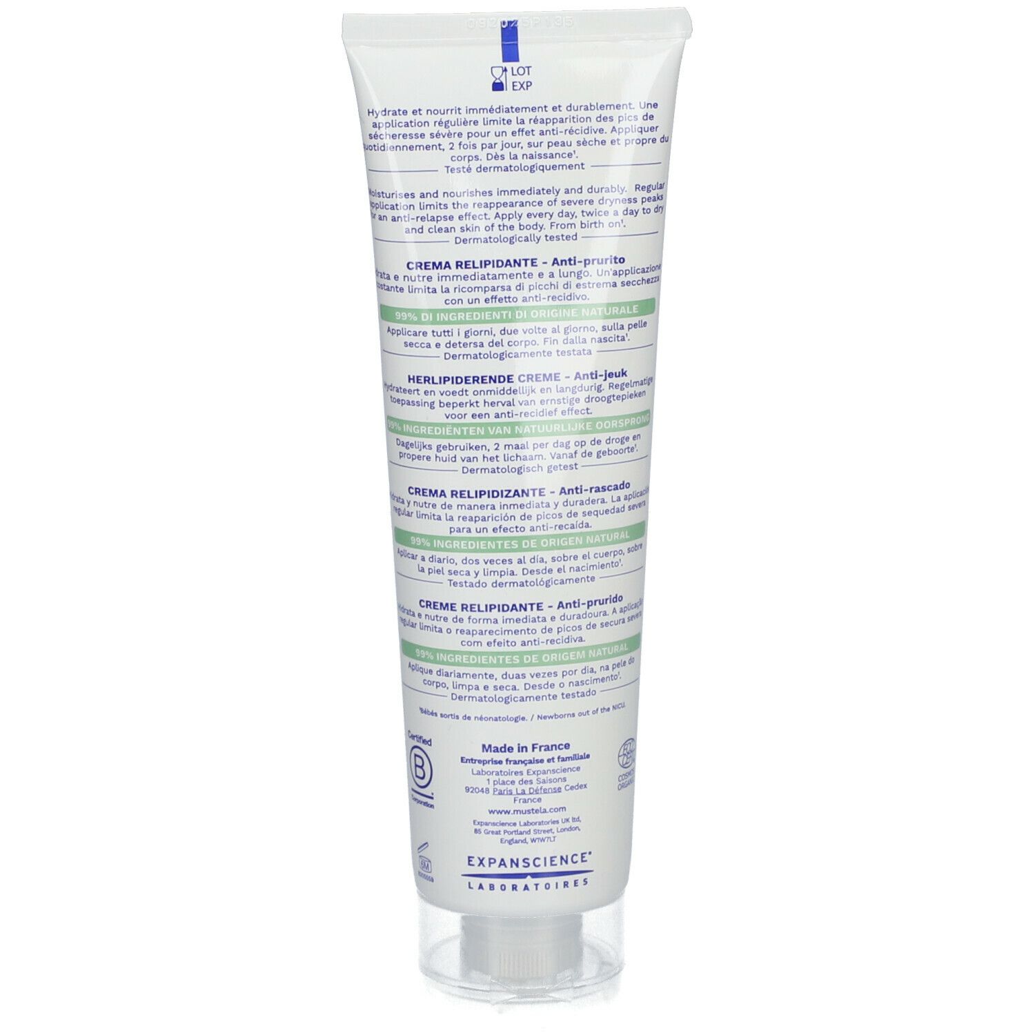 Dos du tube de crème Mustela Stelatopia+. Texte multilingue. Certification BIO.