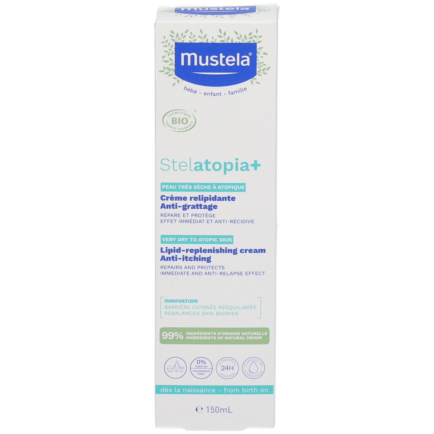 Emballage de la crème Mustela Stelatopia+. Certifié BIO. Pour peau atopique. 150ml.