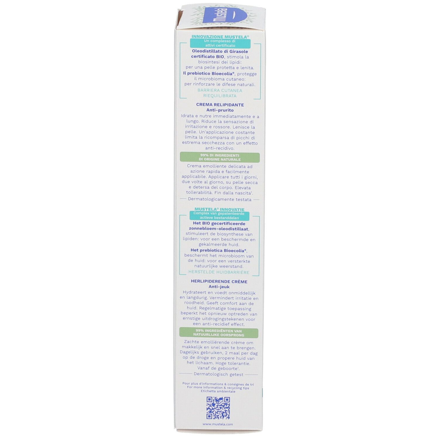 Emballage de la crème Mustela Stelatopia+. Texte multilingue. Certification BIO.
