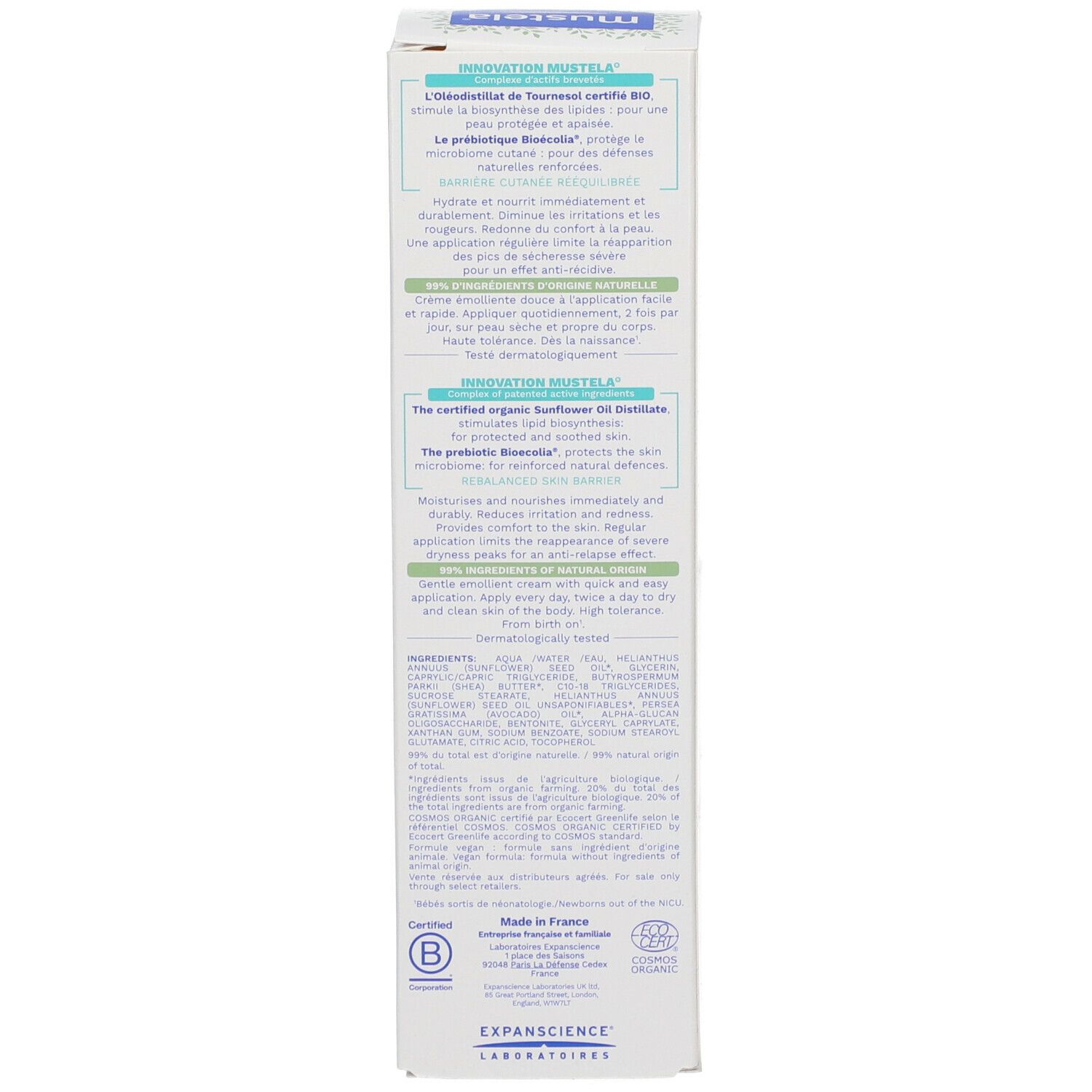 Emballage de la crème Mustela Stelatopia+. Texte multilingue. Certification BIO.