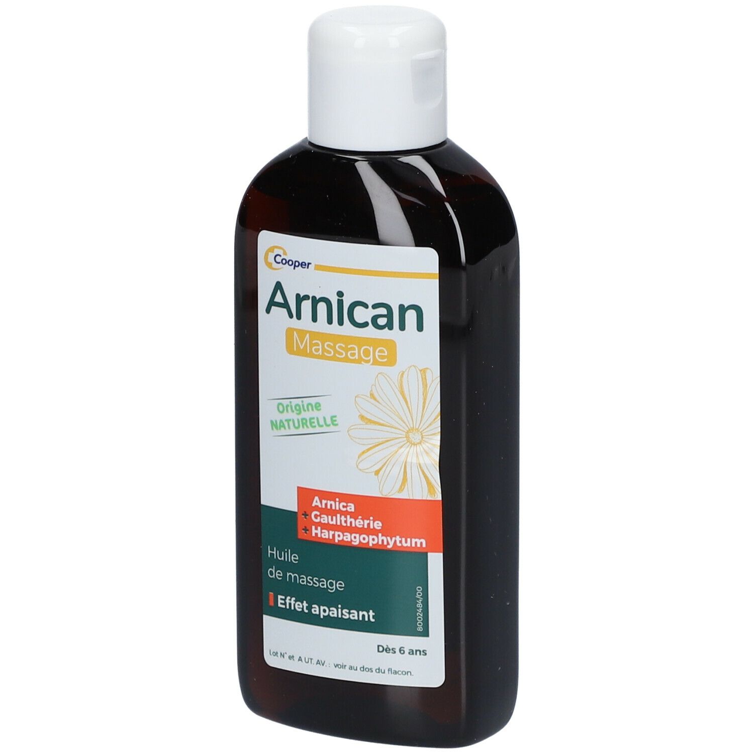 Flacon brun avec bouchon blanc. Étiquette avec nom du produit et ingrédients.