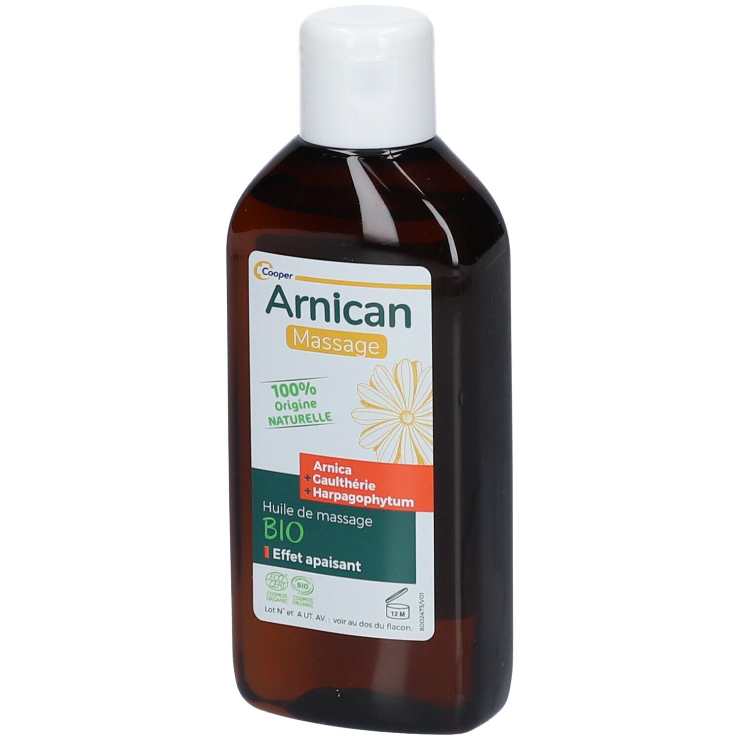 Flacon brun avec bouchon blanc. Étiquette "Arnican Massage BIO".