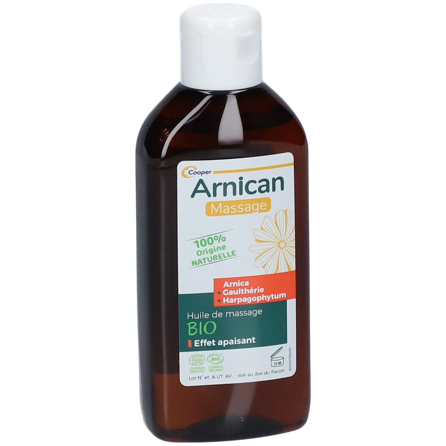 Flacon brun avec bouchon blanc. Étiquette "Arnican Massage BIO".