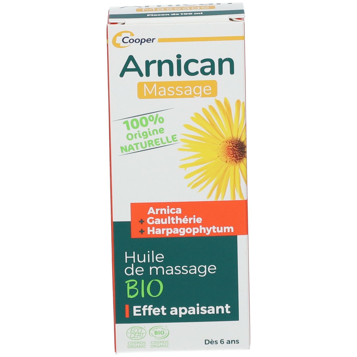 Emballage. Blanc, vert, jaune. Texte : "Arnican Massage BIO".