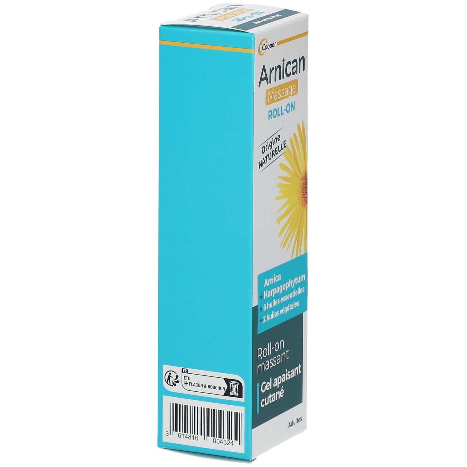 Vue latérale de la boîte Arnicactiv Roll-On. Bleu et blanc. Code-barres et symboles de recyclage. Texte: Arnicactiv Massage Roll-On.