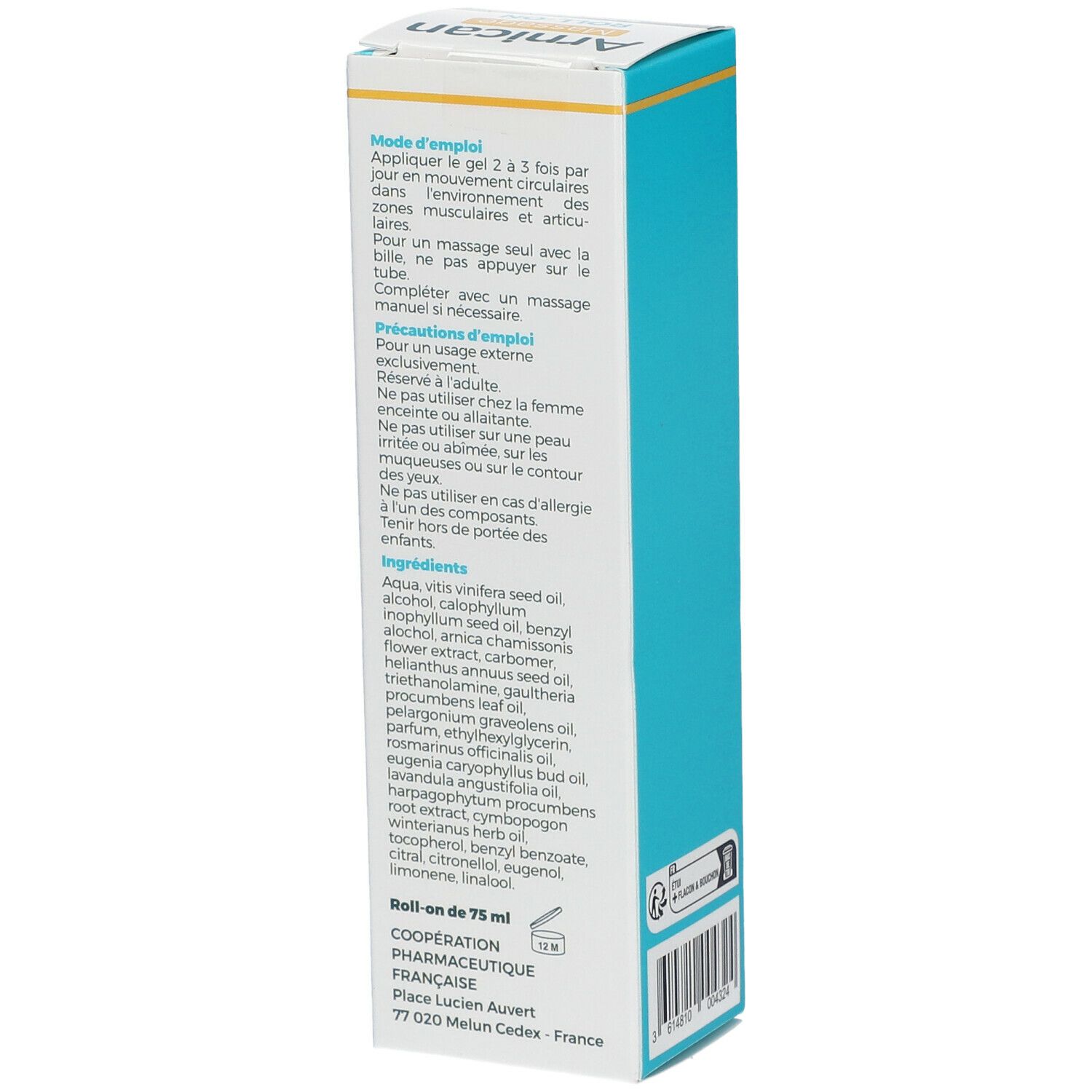 Vue latérale de la boîte Arnicactiv Roll-On. Texte: Mode d'emploi, Ingrédients, Roll-on de 75 ml. Adresse du fabricant.