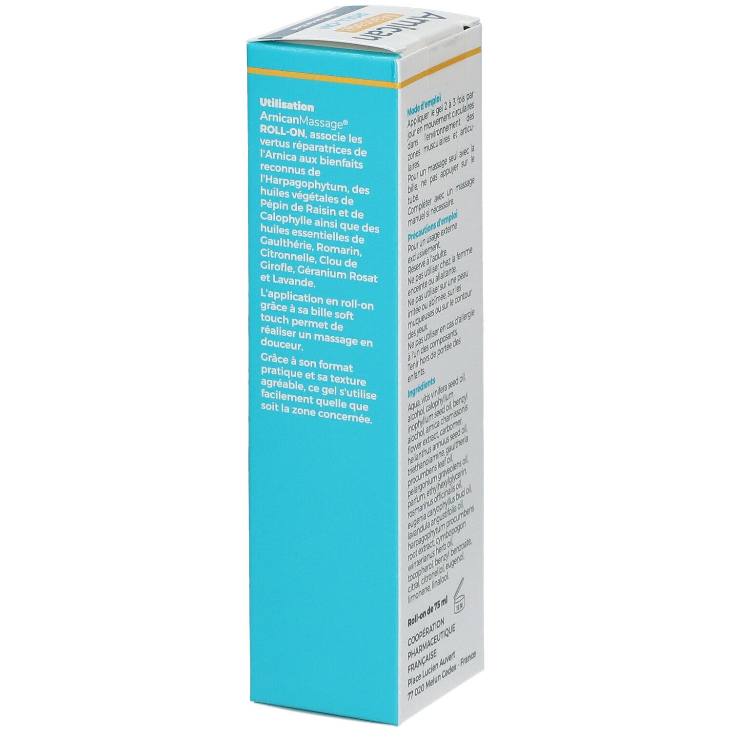 Vue latérale de la boîte Arnicactiv Roll-On. Texte: Utilisation, Roll-on de 75 ml. Adresse du fabricant.