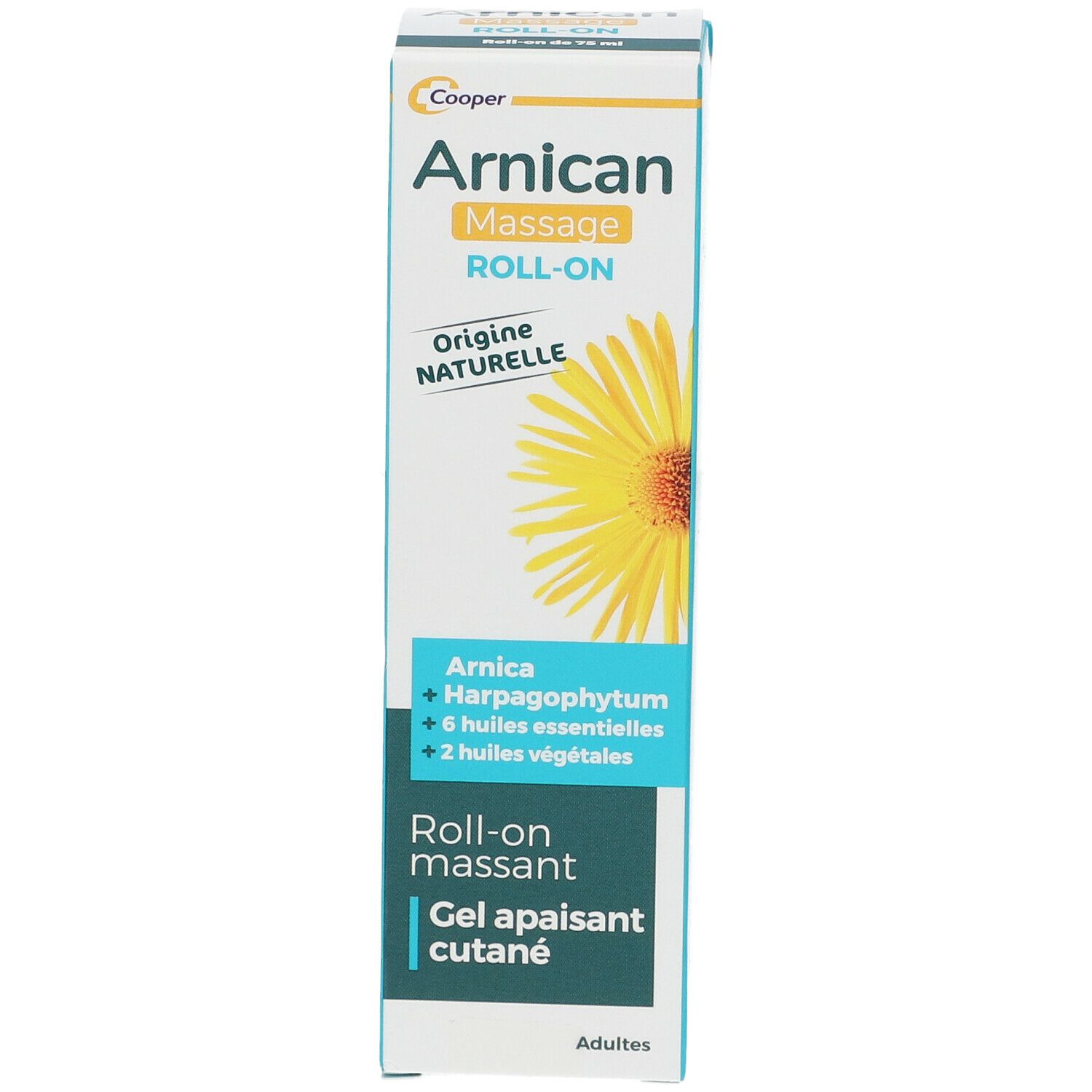 Boîte Arnicactiv Roll-On. Blanc, bleu et jaune. Texte: Arnicactiv Massage Roll-On, Origine Naturelle, Gel apaisant cutané.