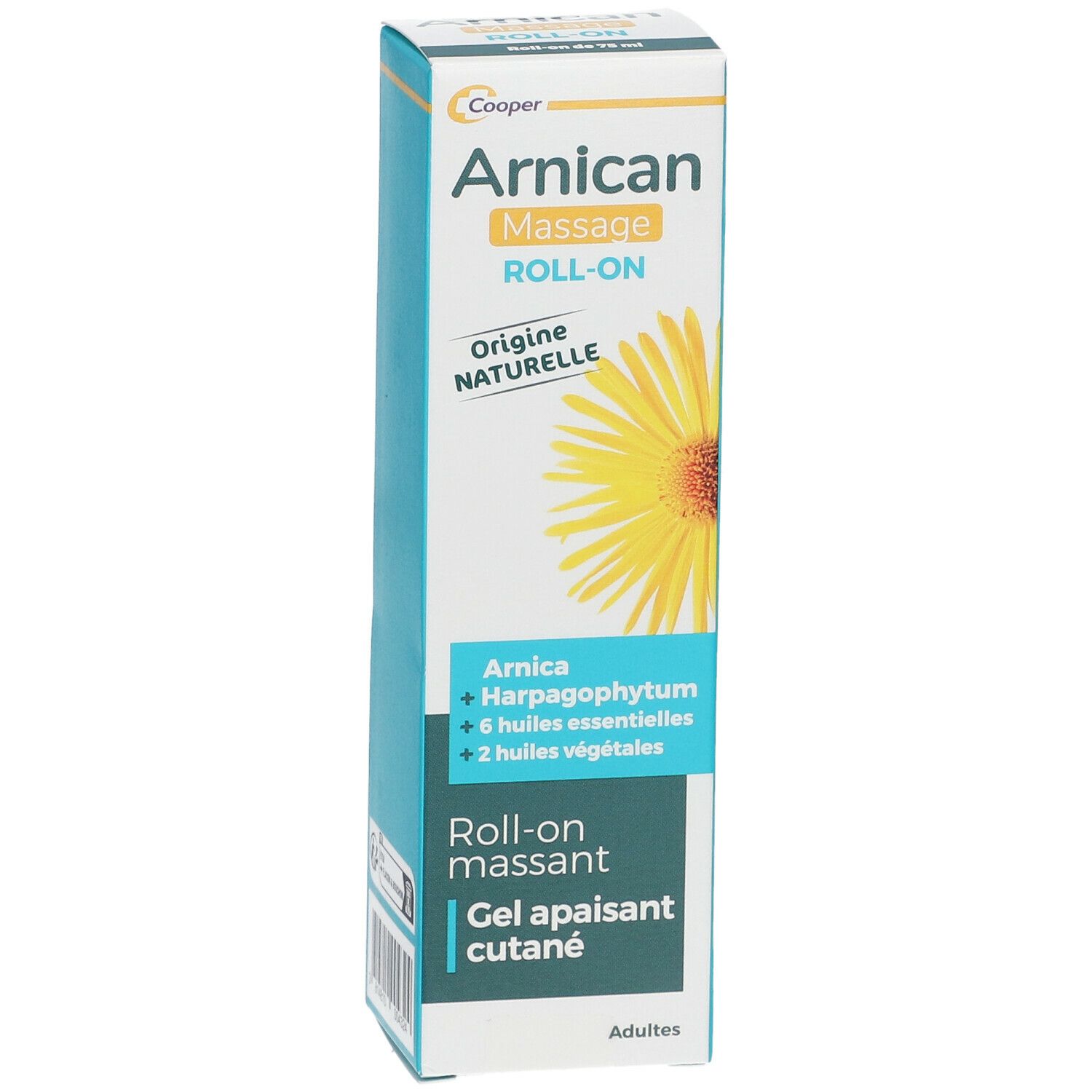 Boîte Arnicactiv Roll-On. Blanc, bleu et jaune. Texte: Arnicactiv Massage Roll-On, Origine Naturelle, Gel apaisant cutané.