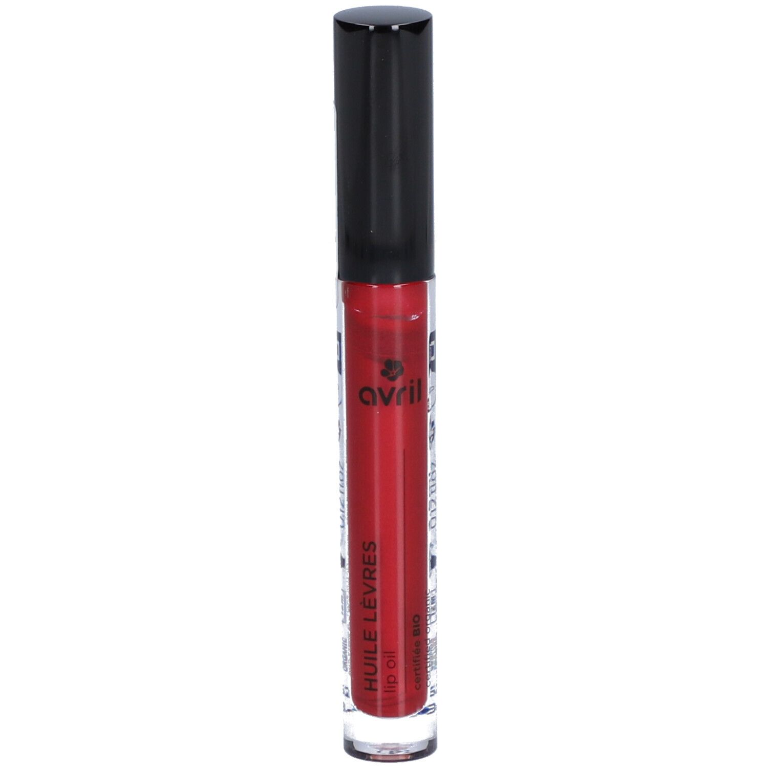 Huile à lèvres rouge dans un tube transparent avec bouchon noir. Inscription: AVRIL, Huile Lèvres.