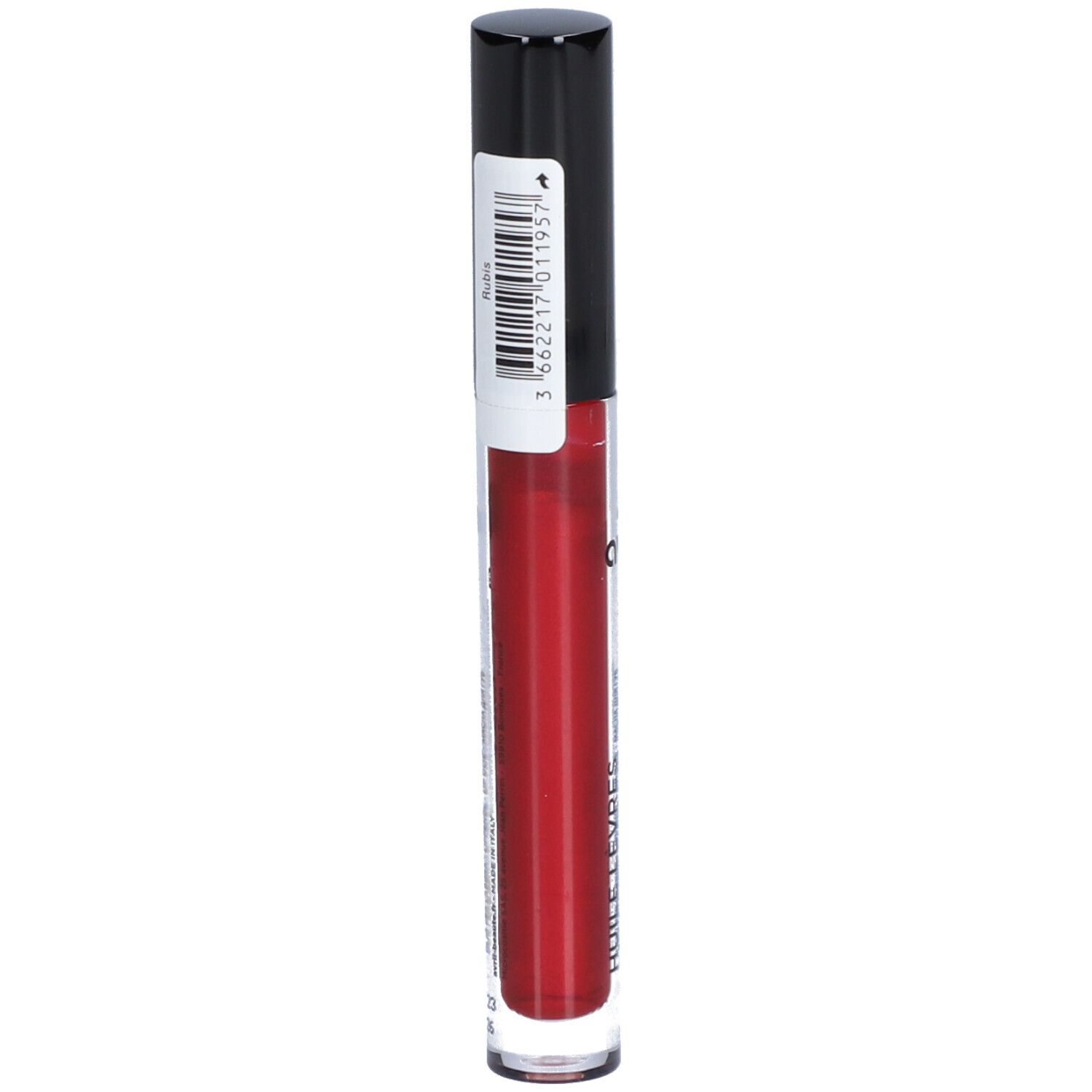 Huile à lèvres rouge dans un tube transparent avec bouchon noir. Code-barres et texte au dos.