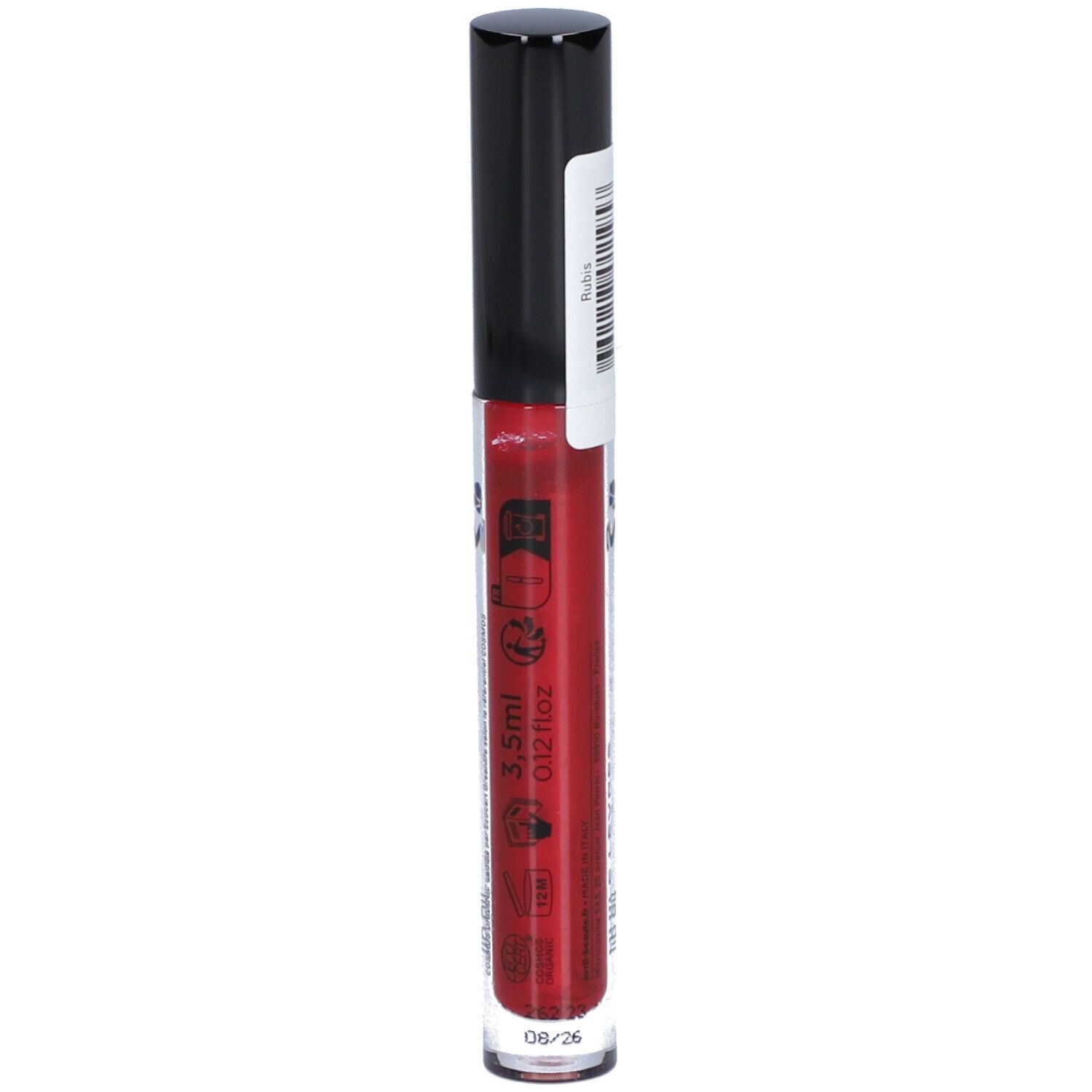 Huile à lèvres rouge en tube transparent avec bouchon noir. Inscription: 3,5ml, 0.12 fl oz, Rubis.