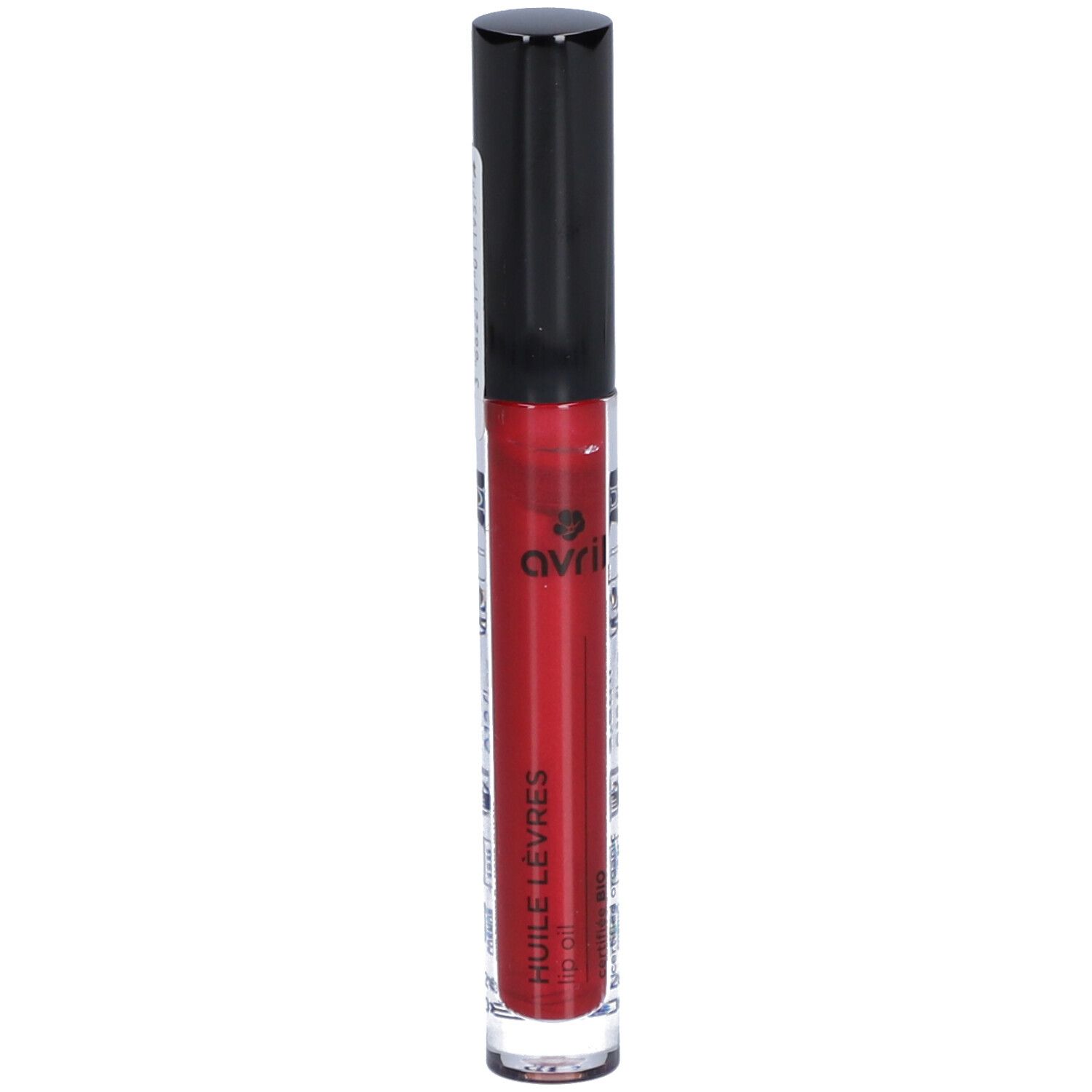Huile à lèvres rouge dans un tube transparent avec bouchon noir. Inscription: AVRIL, Huile Lèvres.