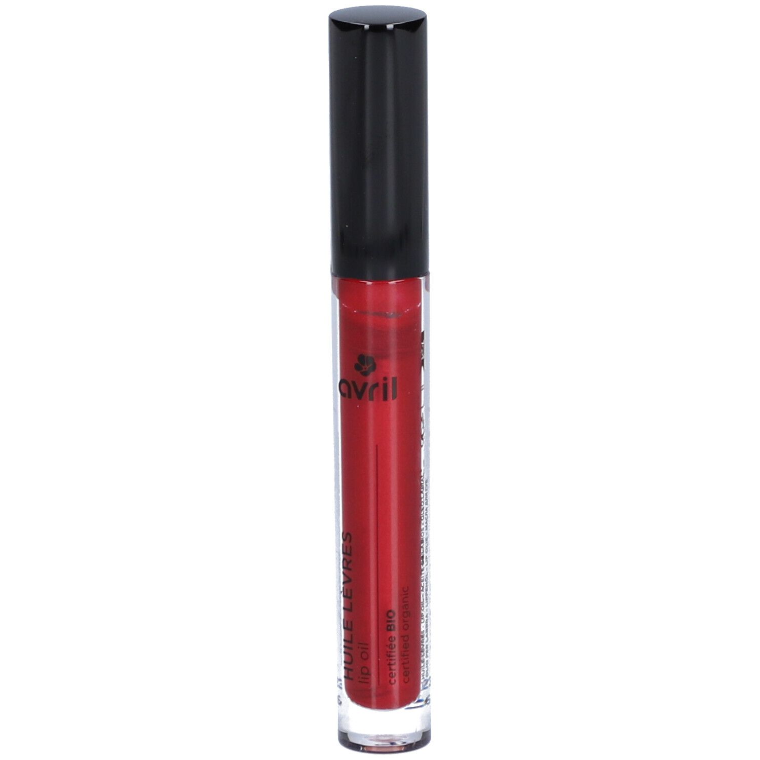 Huile à lèvres rouge dans un tube transparent avec bouchon noir. Inscription: AVRIL, Huile Lèvres, Certified BIO.