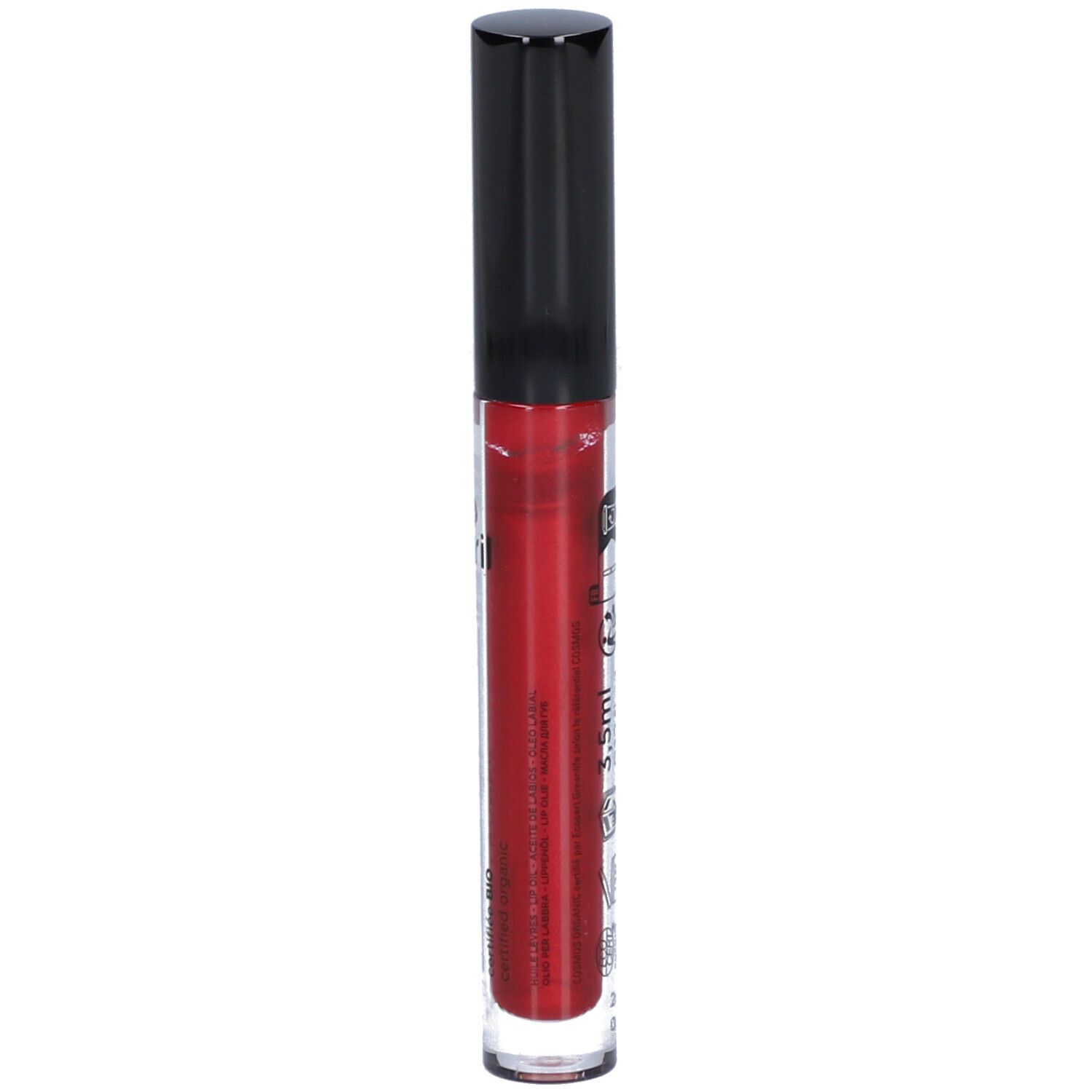 Huile à lèvres rouge dans un tube transparent avec bouchon noir. Inscription: AVRIL, Huile Lèvres, 3,5ml.