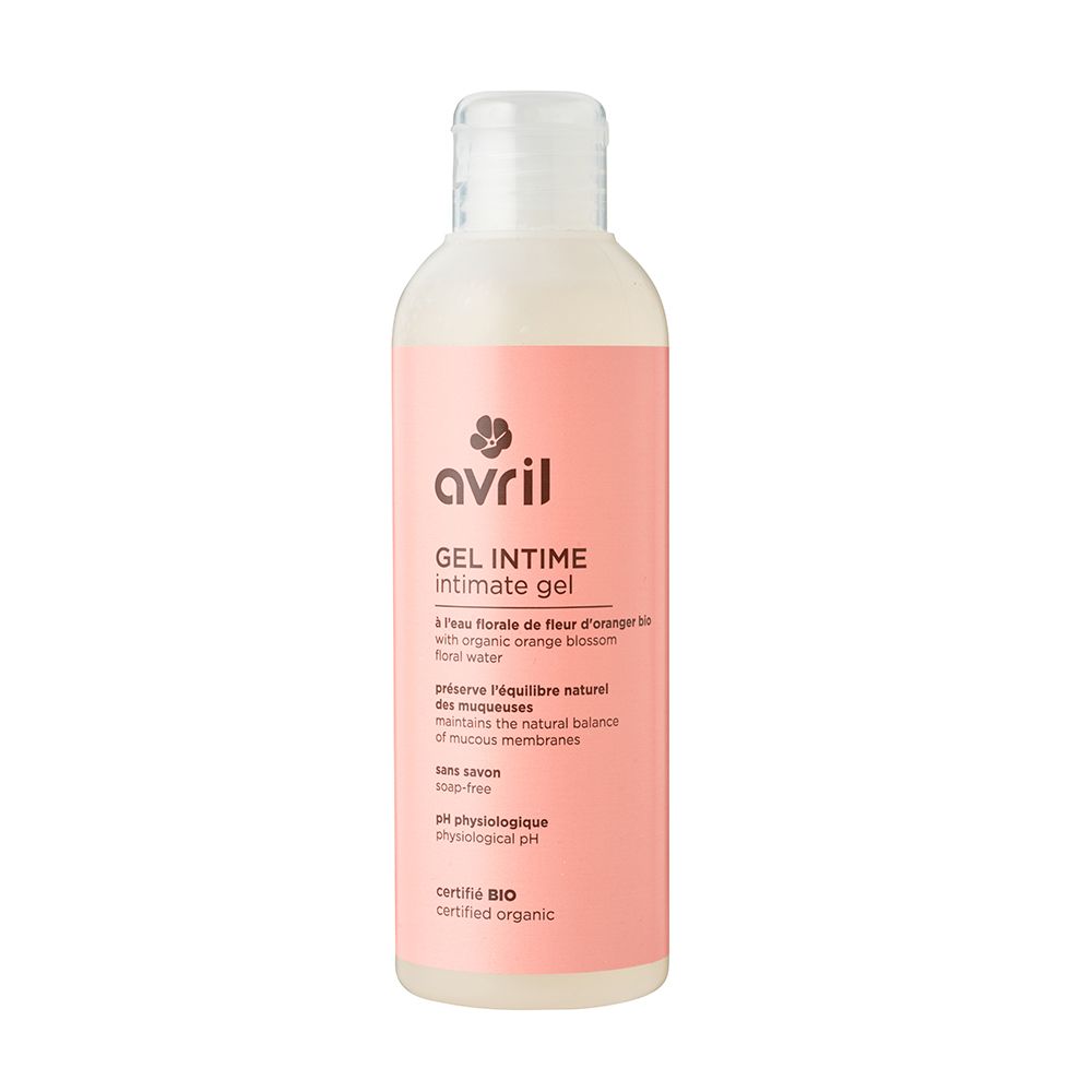 Rosa Flasche mit weißem Deckel. Aufschrift: Avril, Gel Intime. Mit Bio-Zertifizierung.