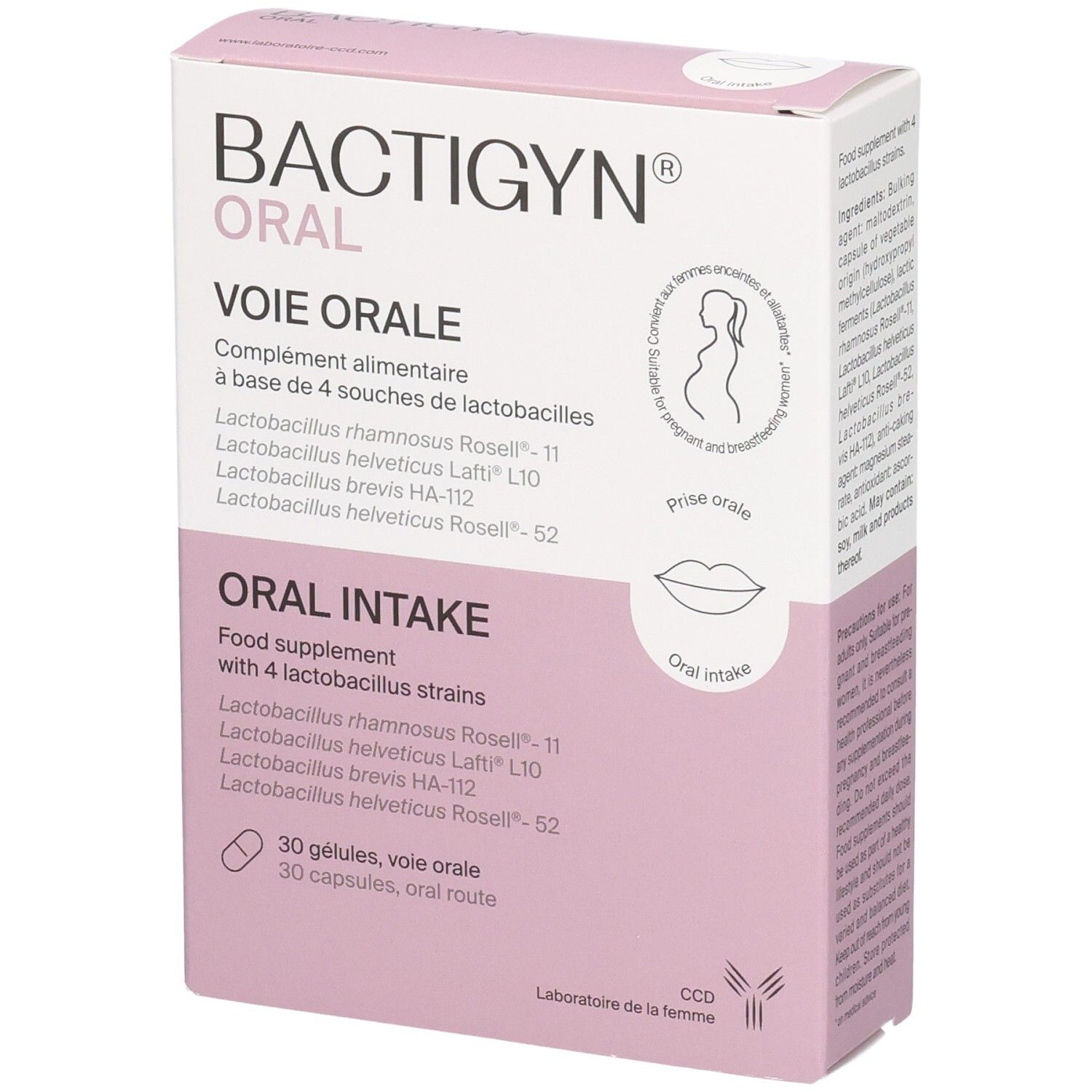 Packung BACTIGYN ORAL, Nahrungsergänzungsmittel mit 4 Laktobazillus-Stämmen, 30 Kapseln.