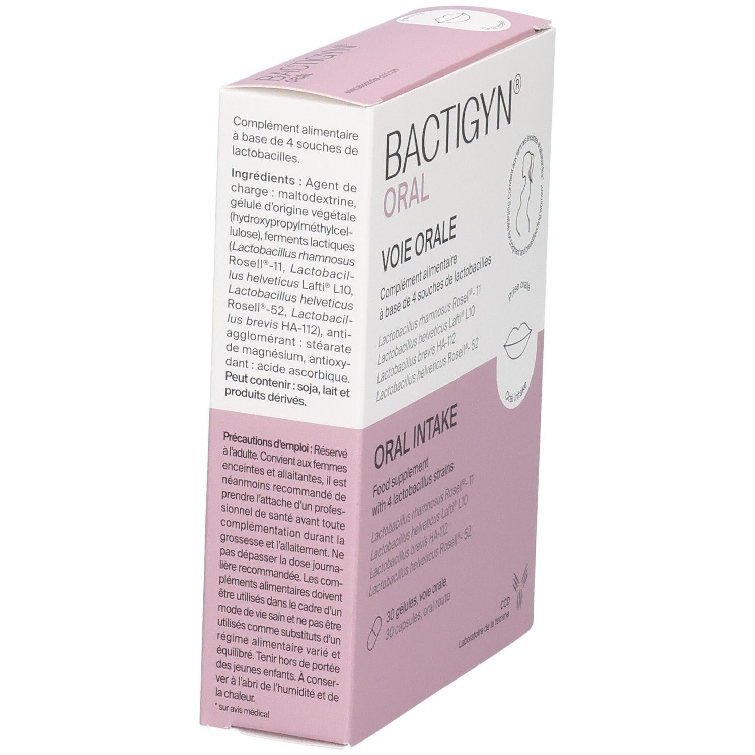 Rückseite BACTIGYN ORAL Packung mit Zutatenliste und Warnhinweisen.
