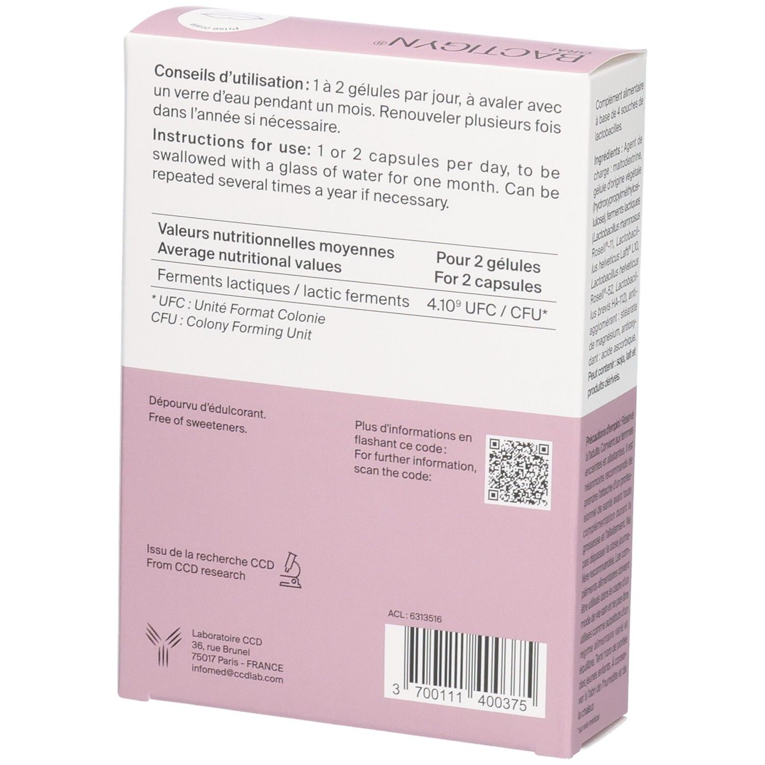 Rückseite BACTIGYN ORAL Packung mit Anwendungshinweisen und Nährwerten.