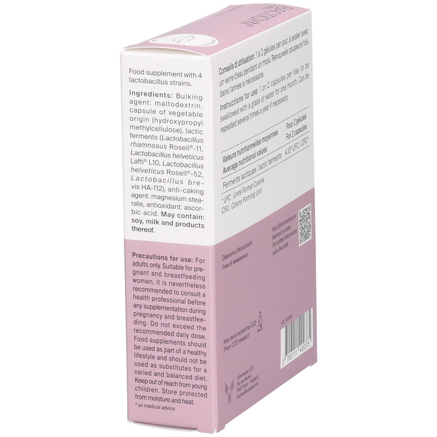 Seite BACTIGYN ORAL Packung mit Zutaten, Warnhinweisen und Anwendung.