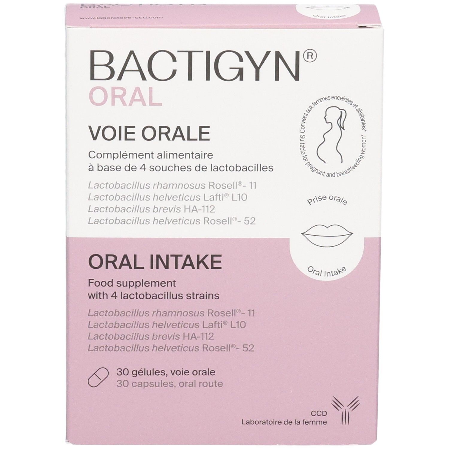 Packung BACTIGYN ORAL, Nahrungsergänzungsmittel mit 4 Laktobazillus-Stämmen, 30 Kapseln.