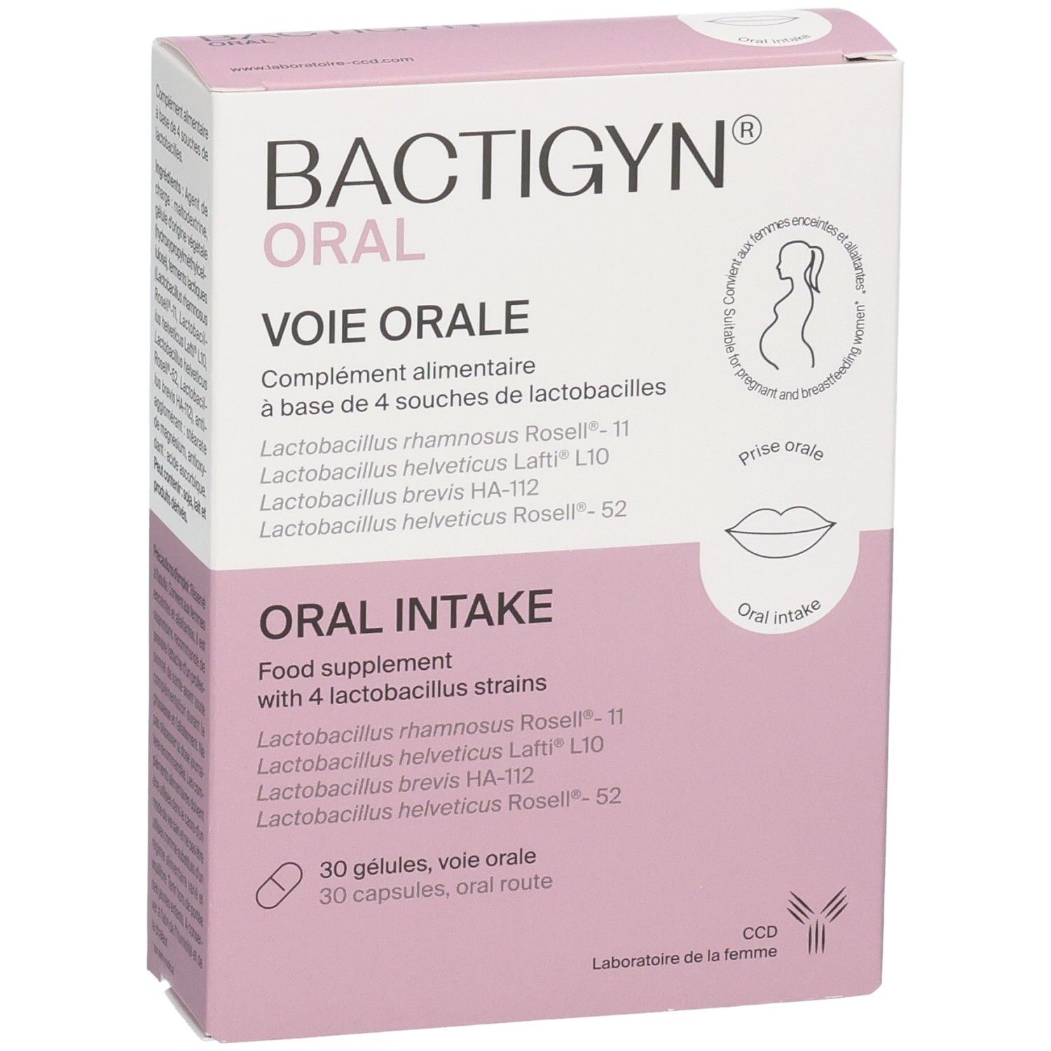 Packung BACTIGYN ORAL, Nahrungsergänzungsmittel mit 4 Laktobazillus-Stämmen, 30 Kapseln.