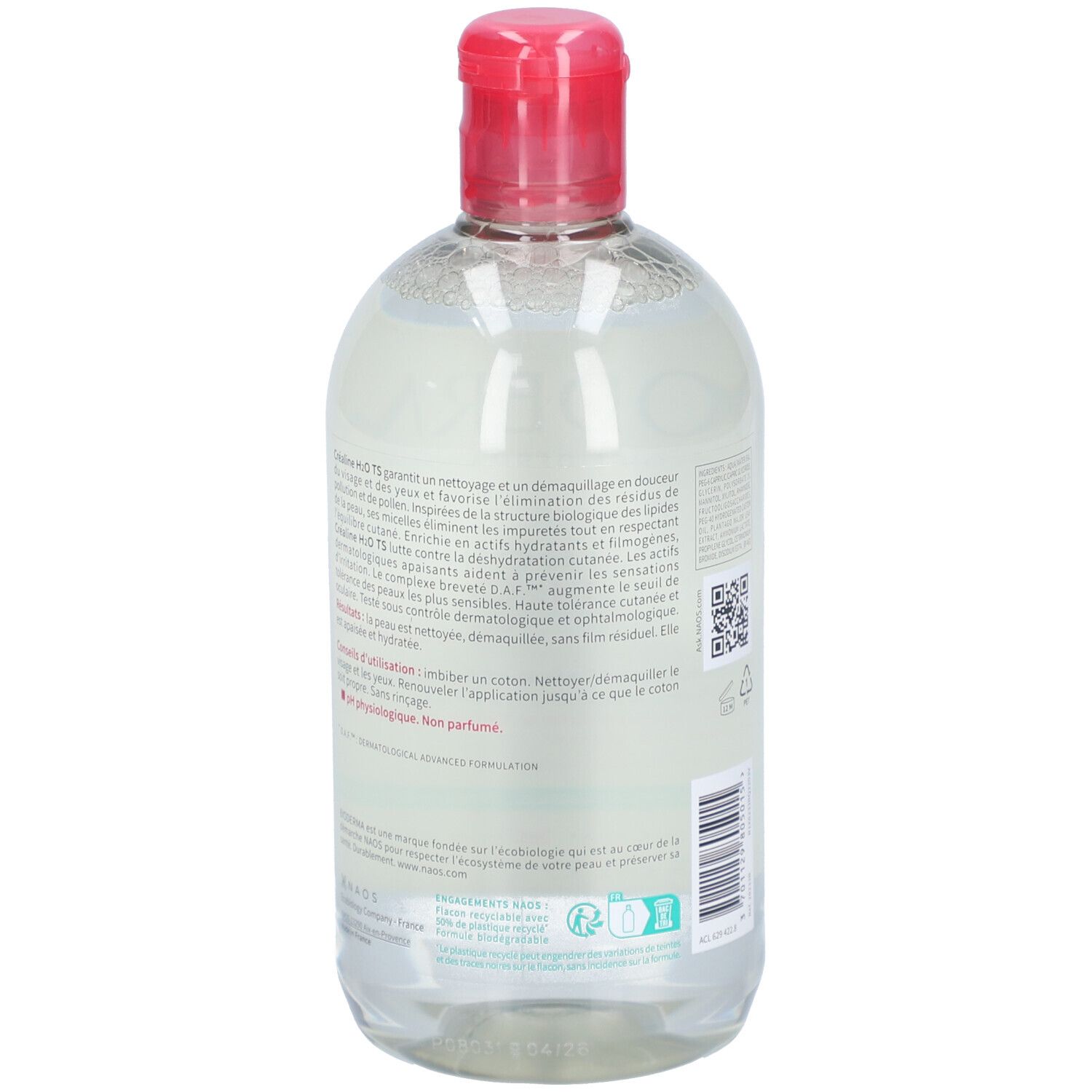 Arrière du flacon BIODERMA Créaline H2O TS 500 ml avec instructions d'utilisation détaillées.