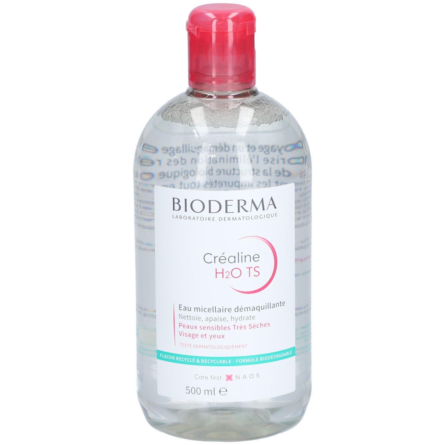 BIODERMA Créaline H2O TS Eau micellaire, flacon 500 ml avec bouchon rabattable rouge.