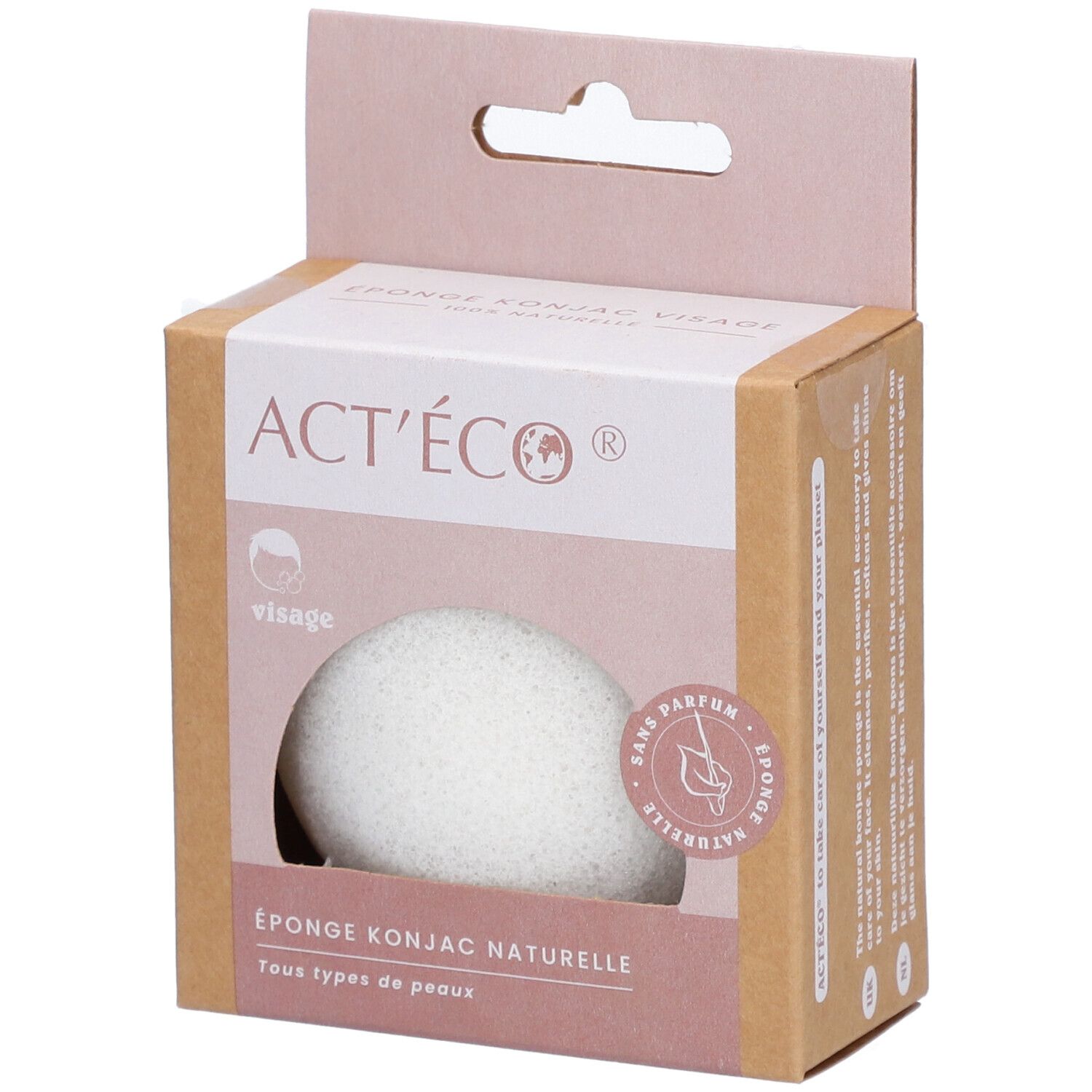 Konjac-Gesichtsschwamm in Kartonverpackung. Sichtbar: Produktname, Logo, 'Tous types de peaux'.