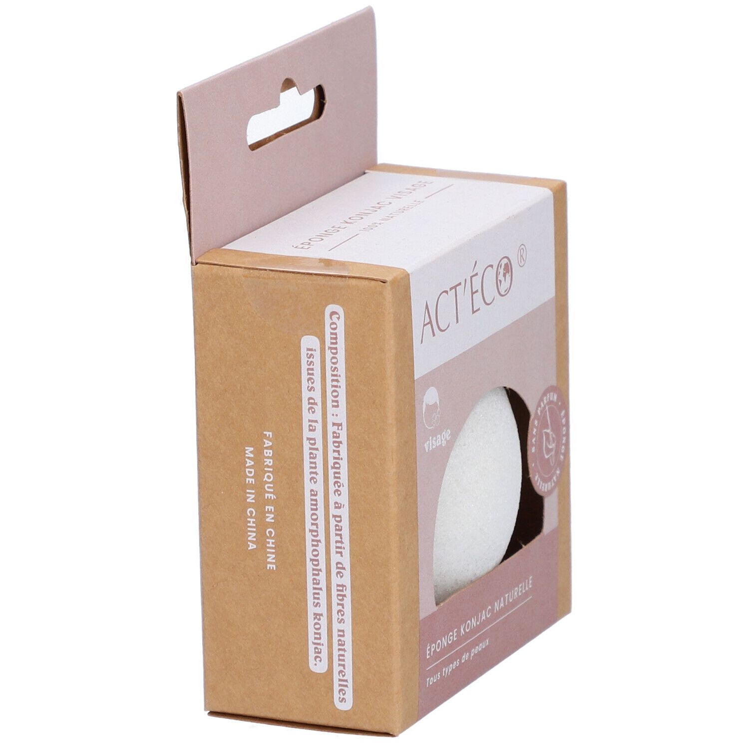 Kartonverpackung mit Konjac-Gesichtsschwamm. Sichtbar: Produktname, Logo, 'Fabriqué en Chine'.