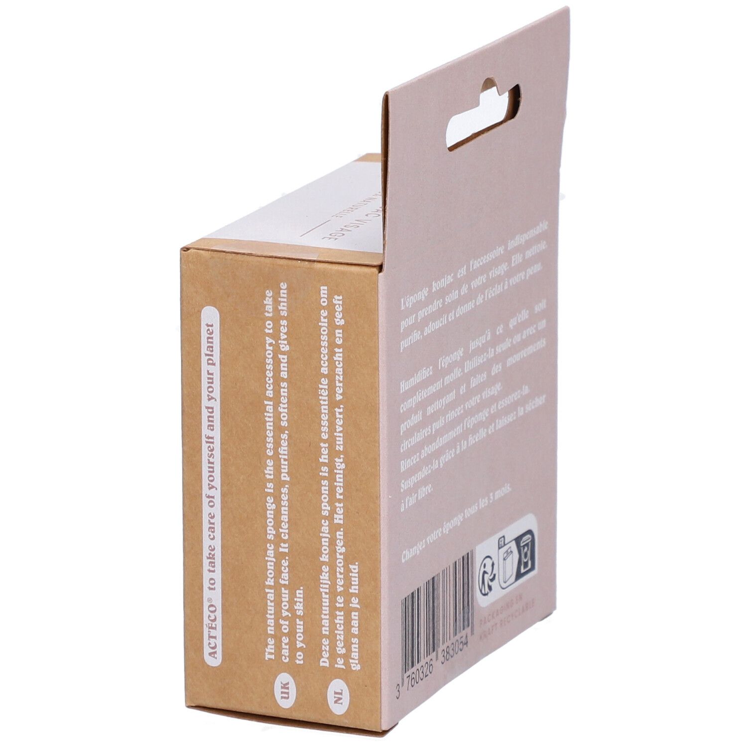 Kartonverpackung mit Text in Englisch und Niederländisch. Barcode und Recycling-Symbol.