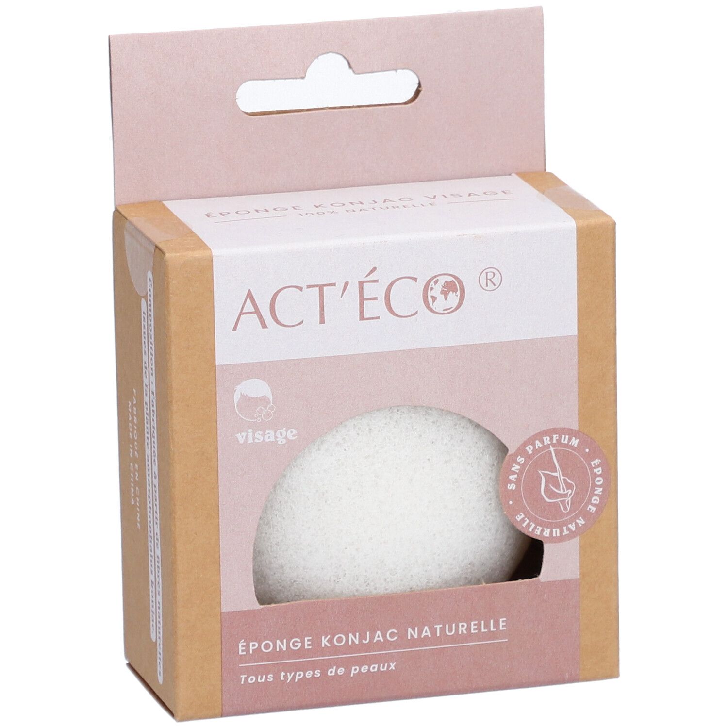 Konjac-Gesichtsschwamm in Kartonverpackung. Sichtbar: Produktname, Logo, 'Sans parfum'.