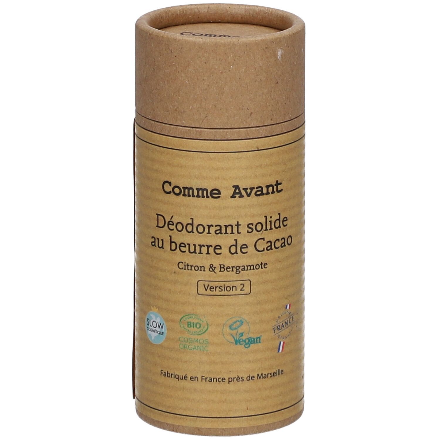 Zylindrische Pappverpackung. Aufschrift: Comme Avant, Déodorant solide au beurre de cacao, Citron & Bergamote. Version 2. Siegel.