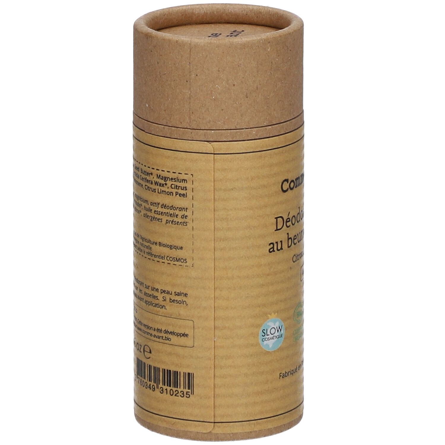Zylindrische Pappverpackung. Aufschrift: Comme Avant, Déodorant solide au beurre de cacao, Citron & Bergamote. Zutatenliste. Siegel.