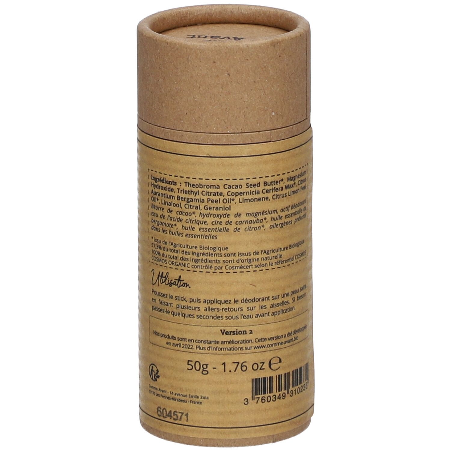 Zylindrische Pappverpackung. Aufschrift: Comme Avant, Déodorant solide au beurre de cacao, Citron & Bergamote. Zutatenliste und Anwendung. 50g.