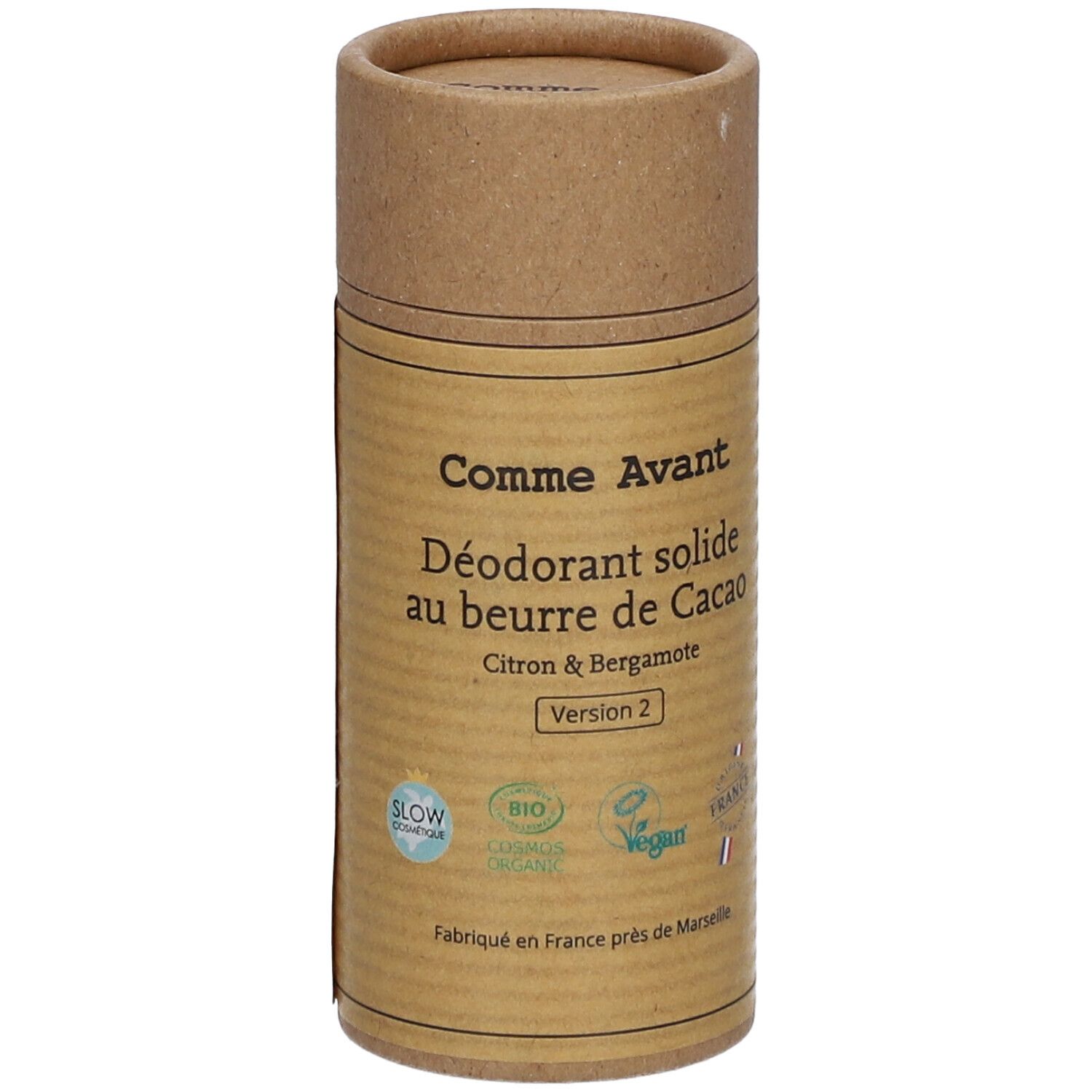 Zylindrische Pappverpackung. Aufschrift: Comme Avant, Déodorant solide au beurre de cacao, Citron & Bergamote. Version 2. Siegel.