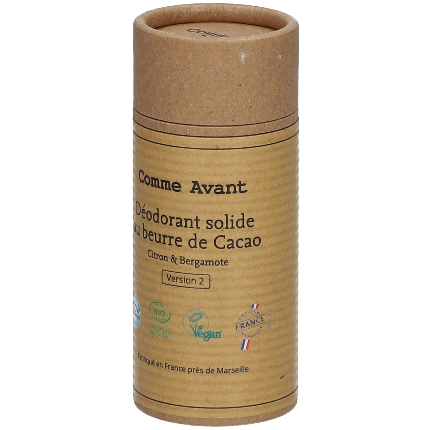 Zylindrische Pappverpackung. Aufschrift: Comme Avant, Déodorant solide au beurre de cacao, Citron & Bergamote. Version 2. Siegel.