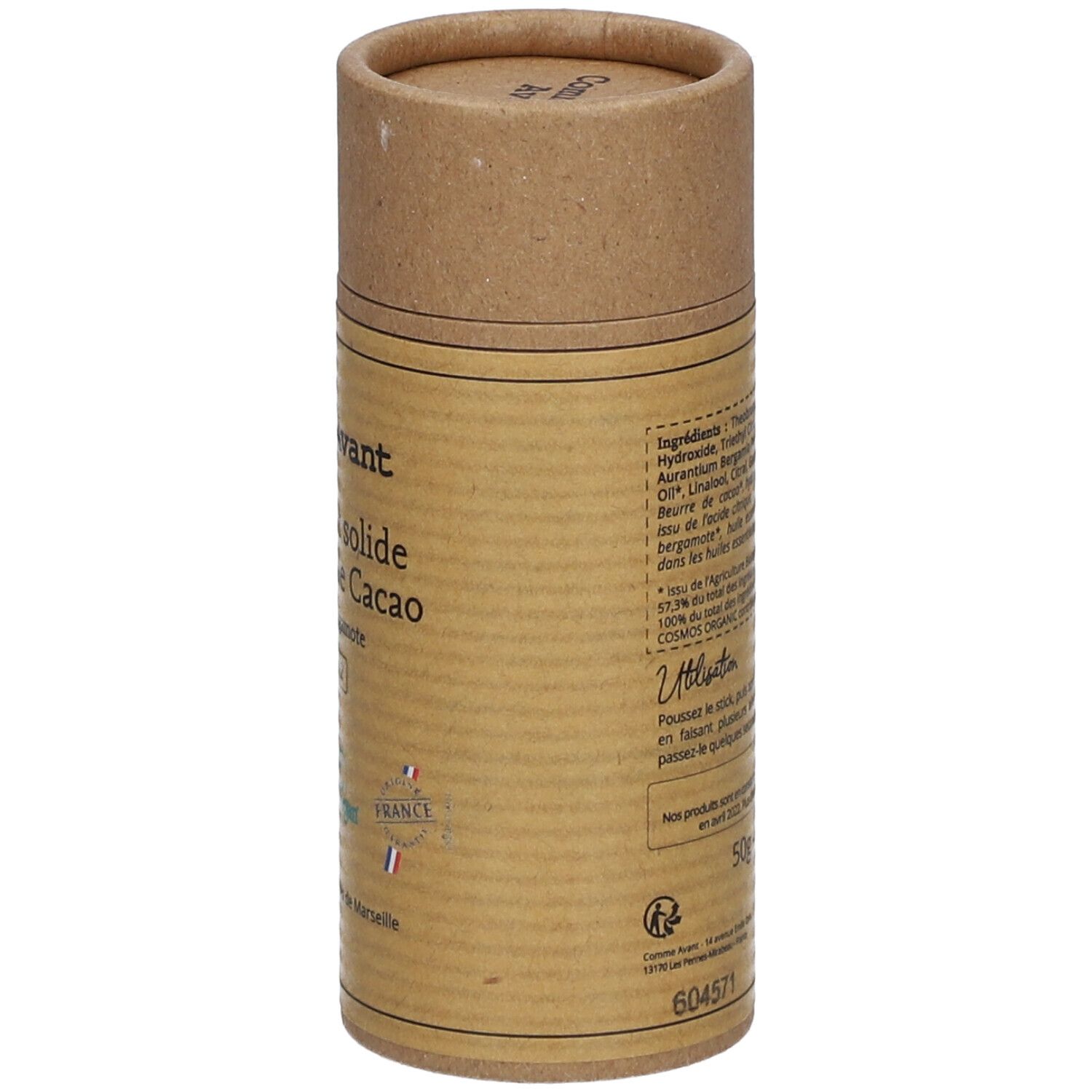 Zylindrische Pappverpackung. Aufschrift: Comme Avant, Déodorant solide au beurre de cacao, Citron & Bergamote. Zutatenliste und Anwendung. 50g.