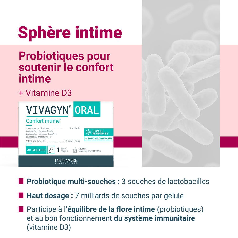 Boîte Vivagyn® Oral. Contient 30 gélules. Inscription : Confort intime. Avec 3 souches probiotiques et vitamine D3.