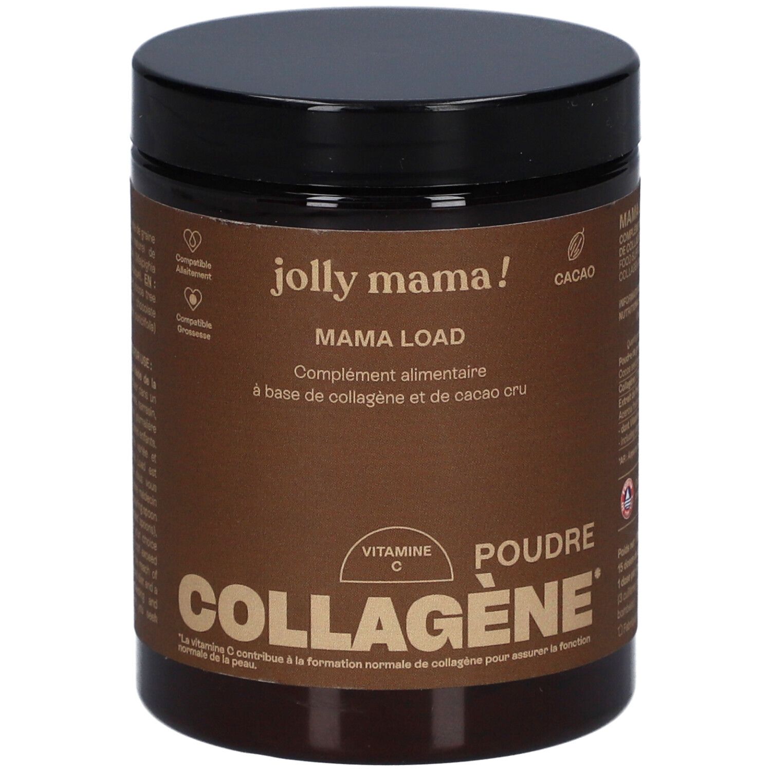 Pot brun avec couvercle noir. Inscription: JOLLY MAMA Mama Load, COLLAGÈNE, Vitamine C. Contient du collagène et du cacao.