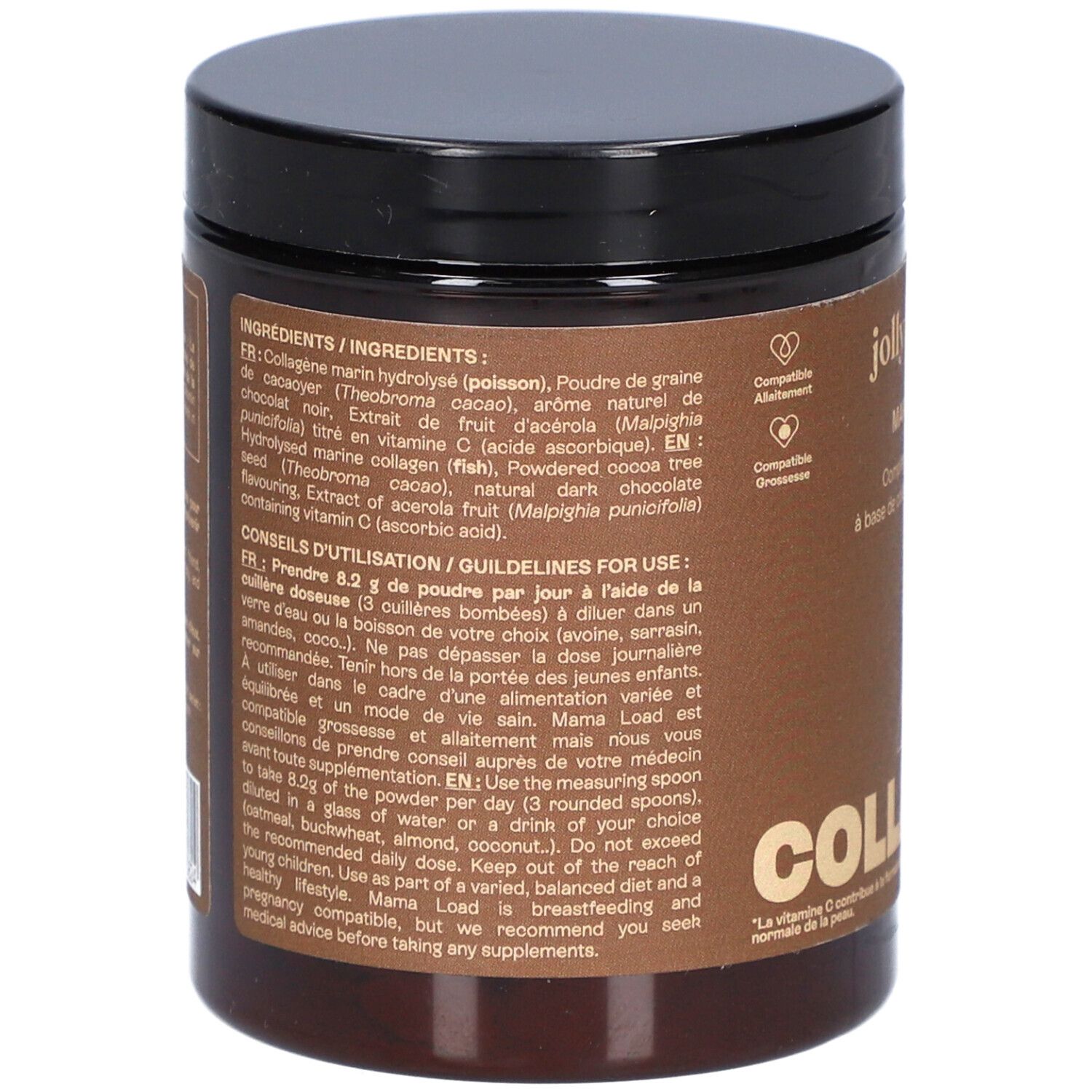 Dos du pot brun. Contient les ingrédients et les instructions d'utilisation en français et en anglais. JOLLY MAMA Mama Load.