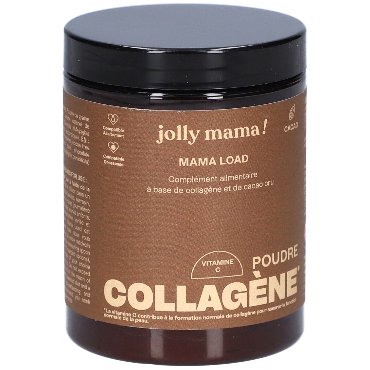Pot brun avec couvercle noir. Inscription: JOLLY MAMA Mama Load, COLLAGÈNE, Vitamine C. Contient du collagène et du cacao.