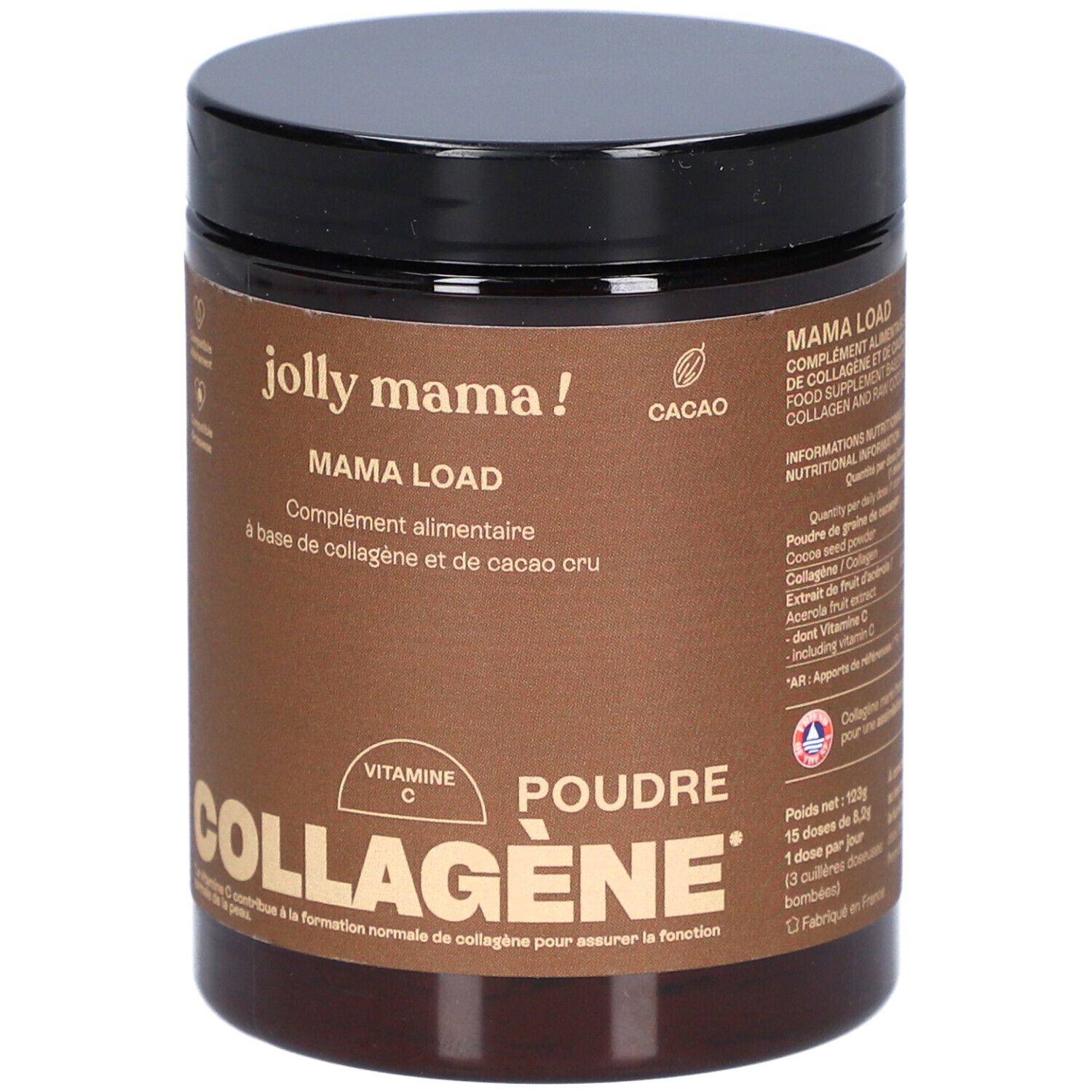Pot brun avec couvercle noir. Inscription: JOLLY MAMA Mama Load, COLLAGÈNE, Vitamine C. Contient du collagène et du cacao.