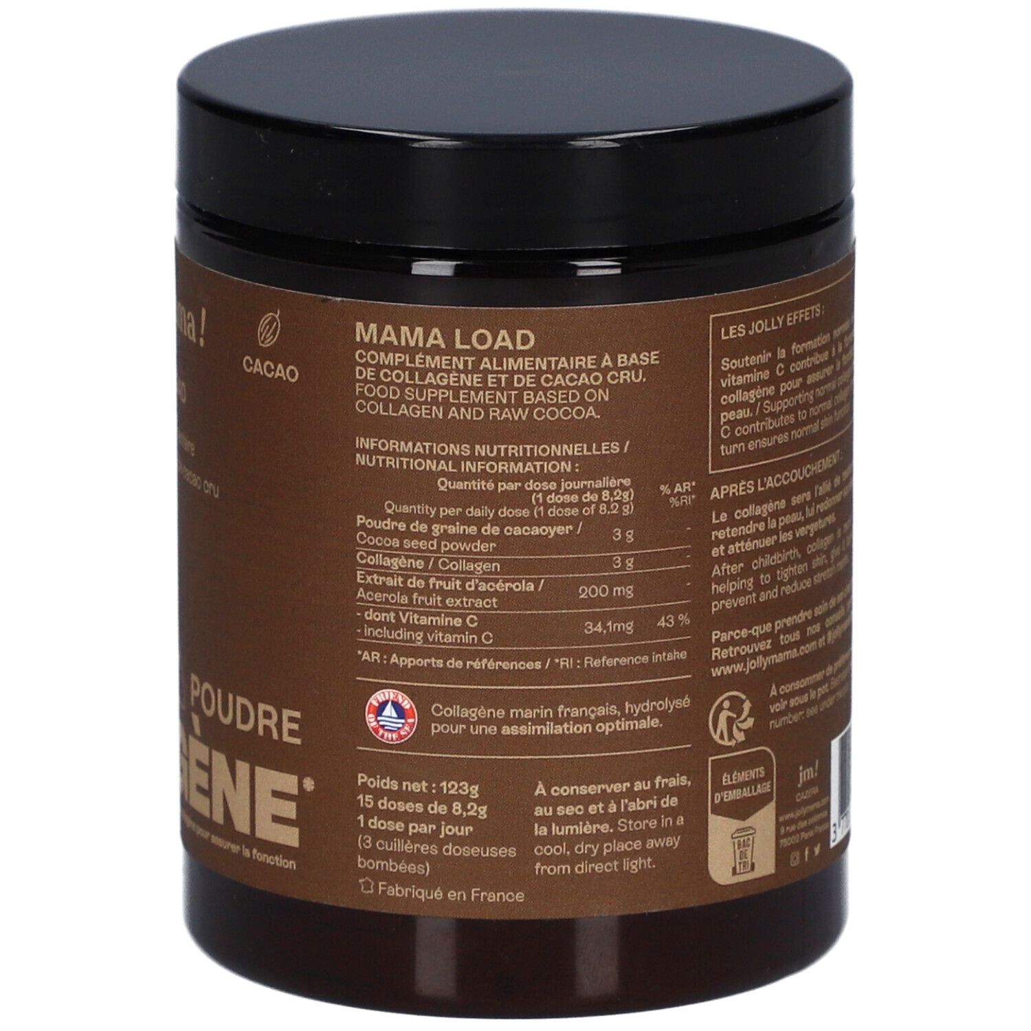Dos du pot brun. Contient des informations nutritionnelles et des informations sur les ingrédients. JOLLY MAMA Mama Load.
