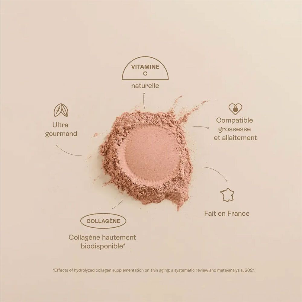 Poudre rose avec flèches et texte. Vitamine C, Ultra-gourmand, compatible grossesse et allaitement, fabriqué en France.