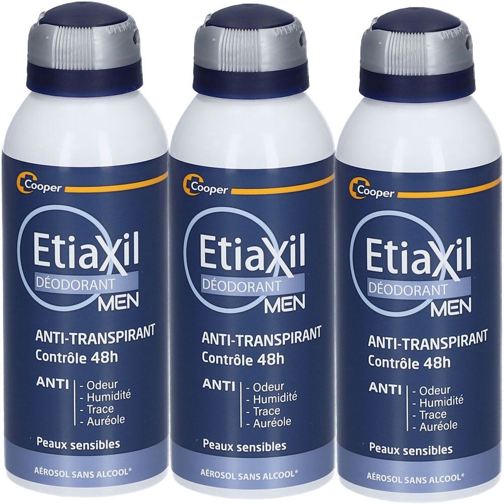 Drei Deodorant-Sprays. Weiße Flaschen mit blauen Deckeln und Etiketten. Text: Etiaxil Déodorant Men Anti-transpirant Contrôle 48h.