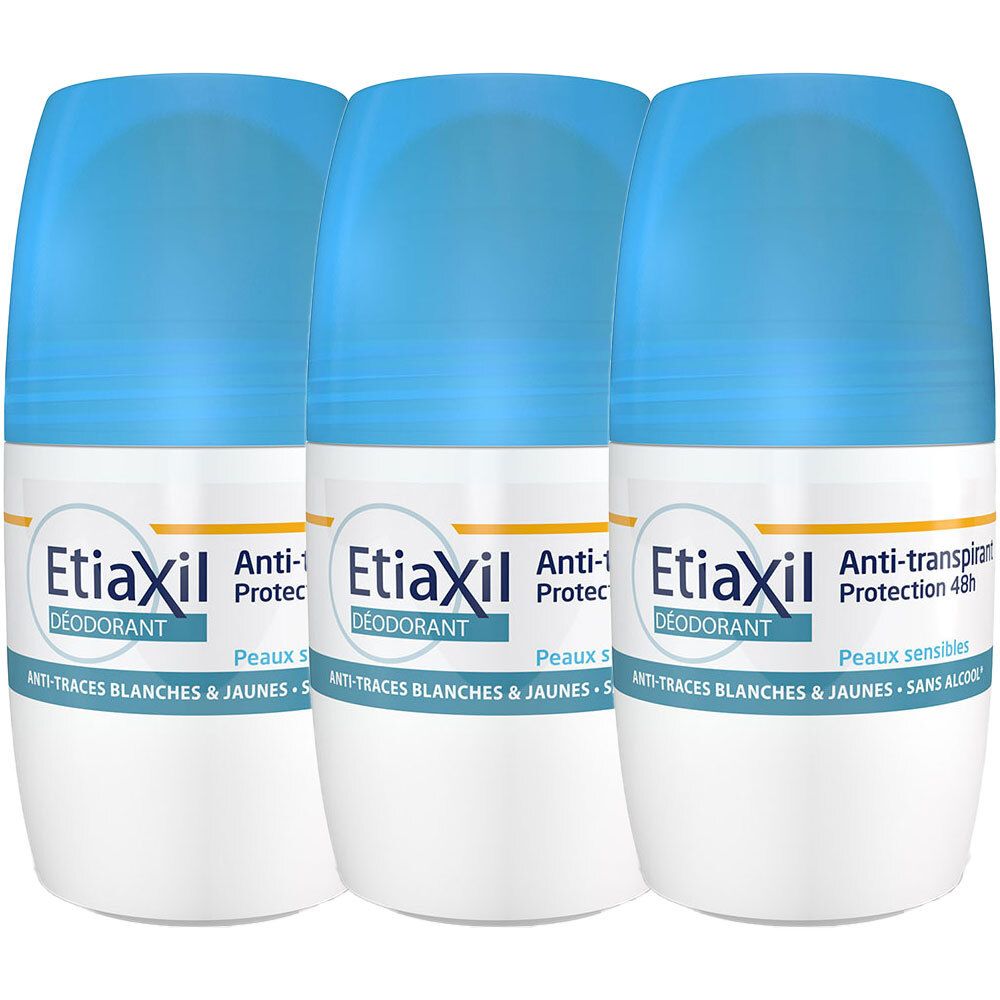 Trois déodorants roll-on bleus. Logo EtiaXil et texte sur fond blanc. Anti-transpirant pour peaux sensibles.