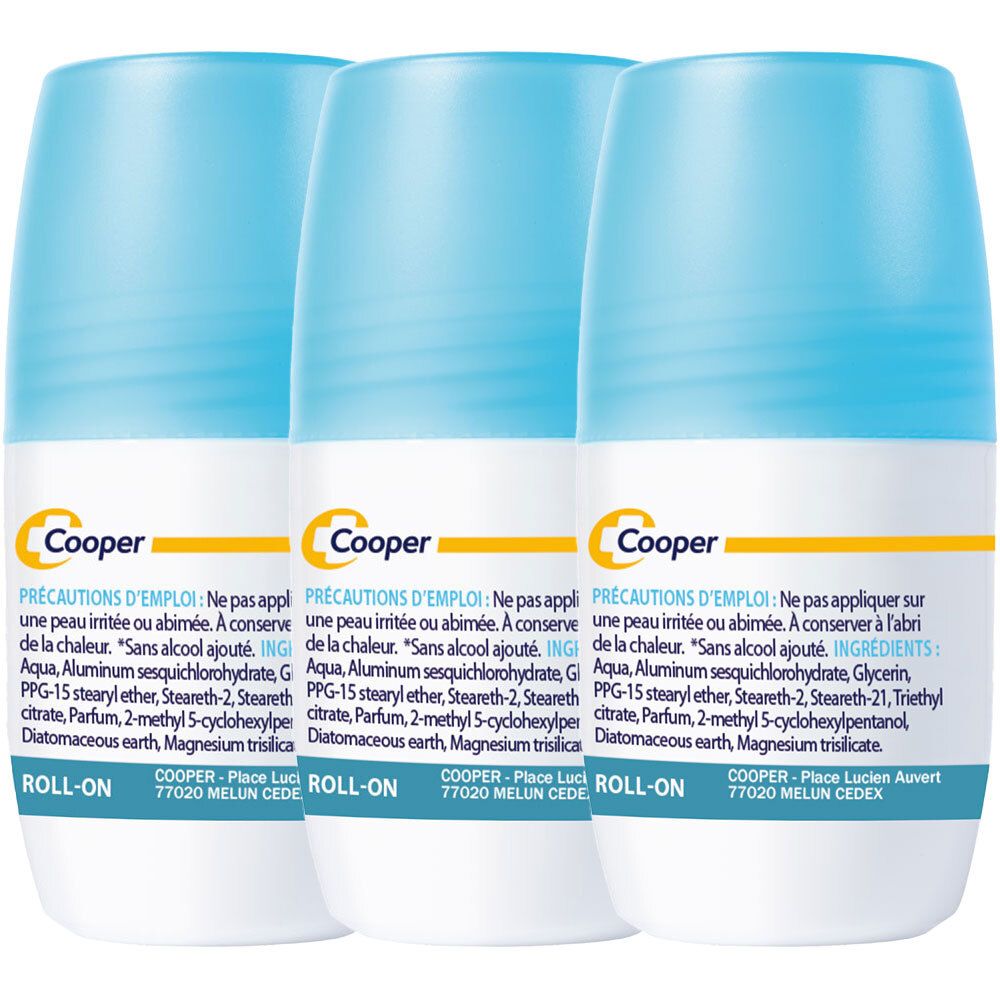 Trois déodorants roll-on bleus. Dos avec texte et logo Cooper. Ingrédients et précautions d'emploi.