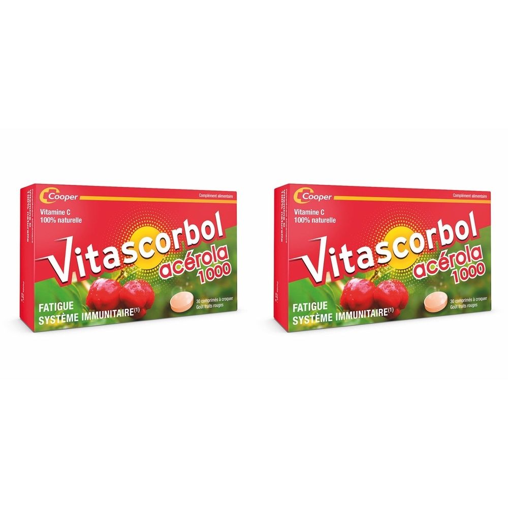 Deux boîtes rouges Vitascorbol Acerola 1000. Marque Cooper. Contient de la vitamine C. Fatigue et système immunitaire.