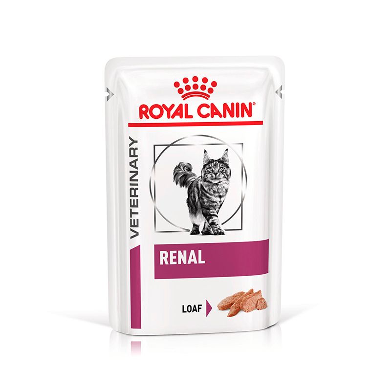 Royal Canin Veterinary Renal Loaf Katzenfutter in einem Beutel. Zeigt eine Katze und Stückchen von Futter.